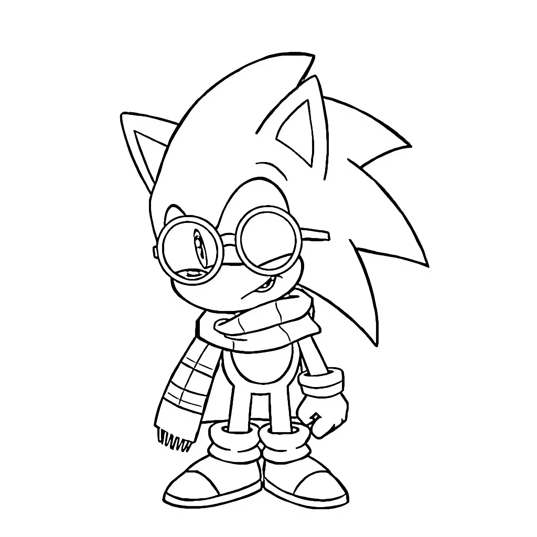 Sonic the Hedgehog in scarf and glasses Coloring Page (free black-and-white line drawing printable PDF for all, from beginners to advanced learners, including children, teens, adults, and seniors)
