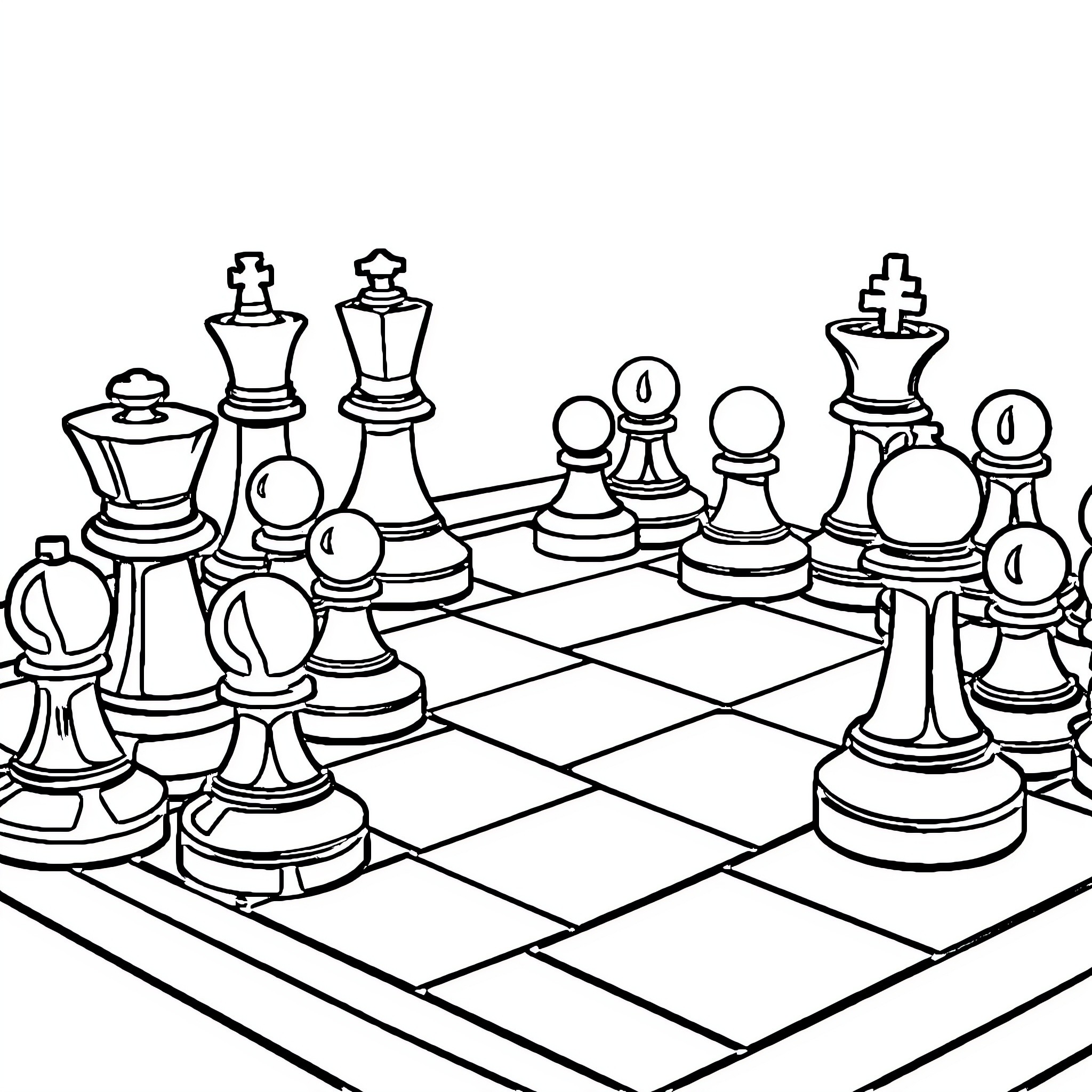 Chess game with diverse chess pieces Coloring Page (free black-and-white line drawing printable PDF for all, from beginners to advanced learners, including children, teens, adults, and seniors)