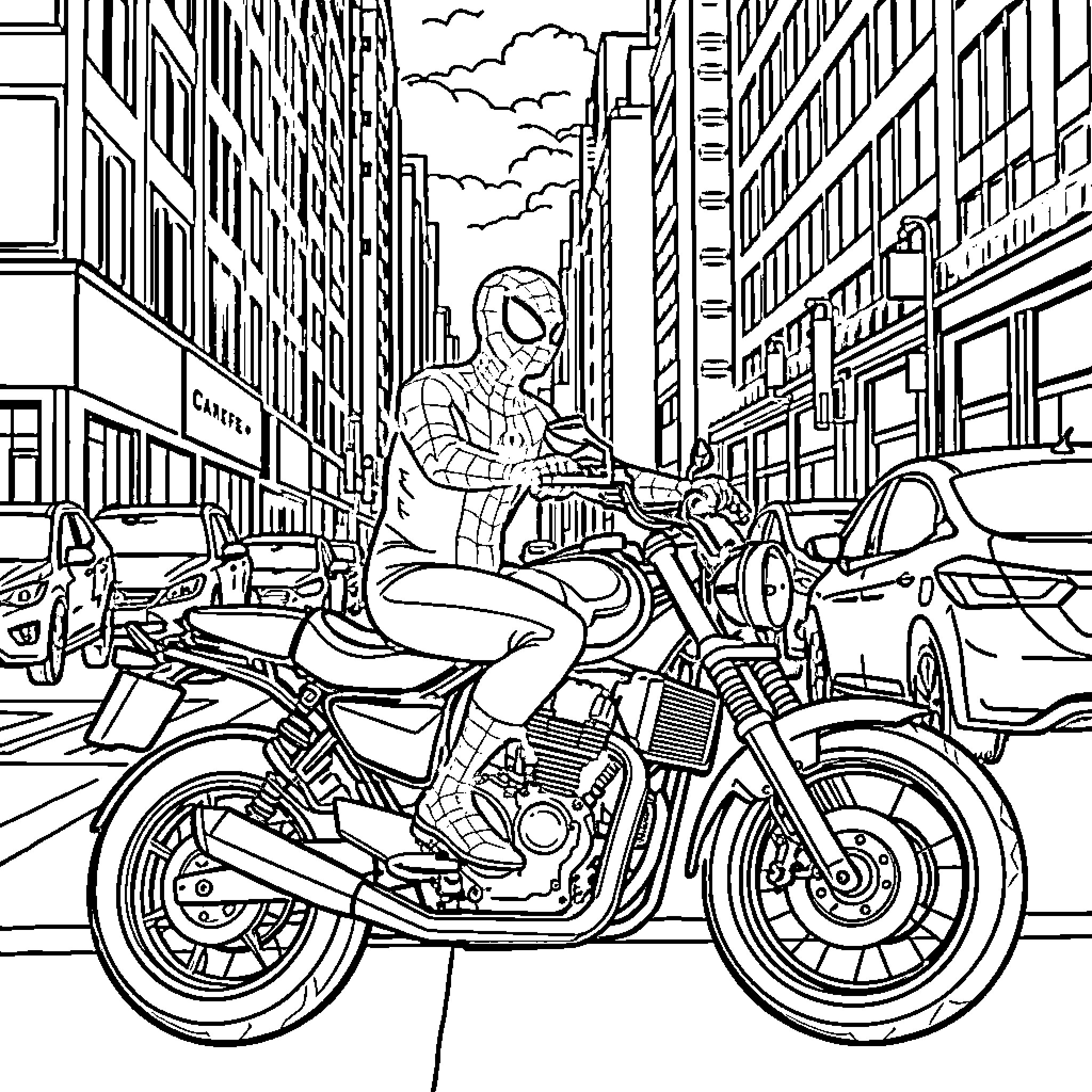 Spiderman riding a motorcycle through the city Coloring Page (free black-and-white line drawing printable PDF for all, from beginners to advanced learners, including children, teens, adults, and seniors)