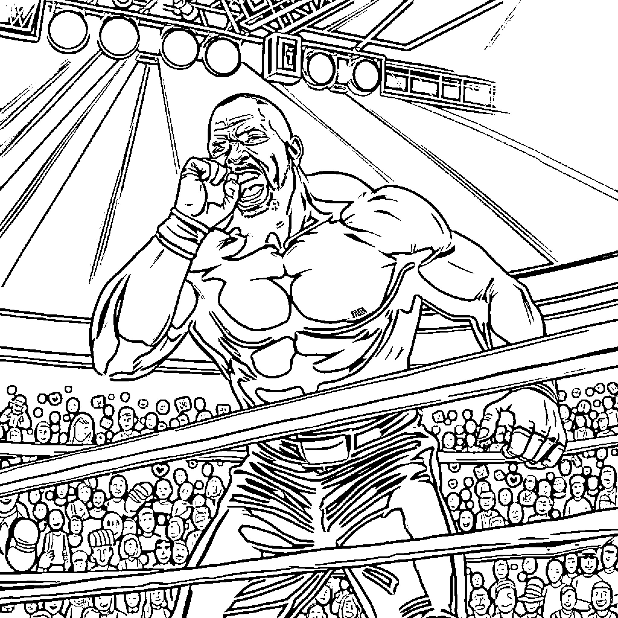 Wrestler dominates opponent in intense match Coloring Page (free black-and-white line drawing printable PDF for all, from beginners to advanced learners, including children, teens, adults, and seniors)