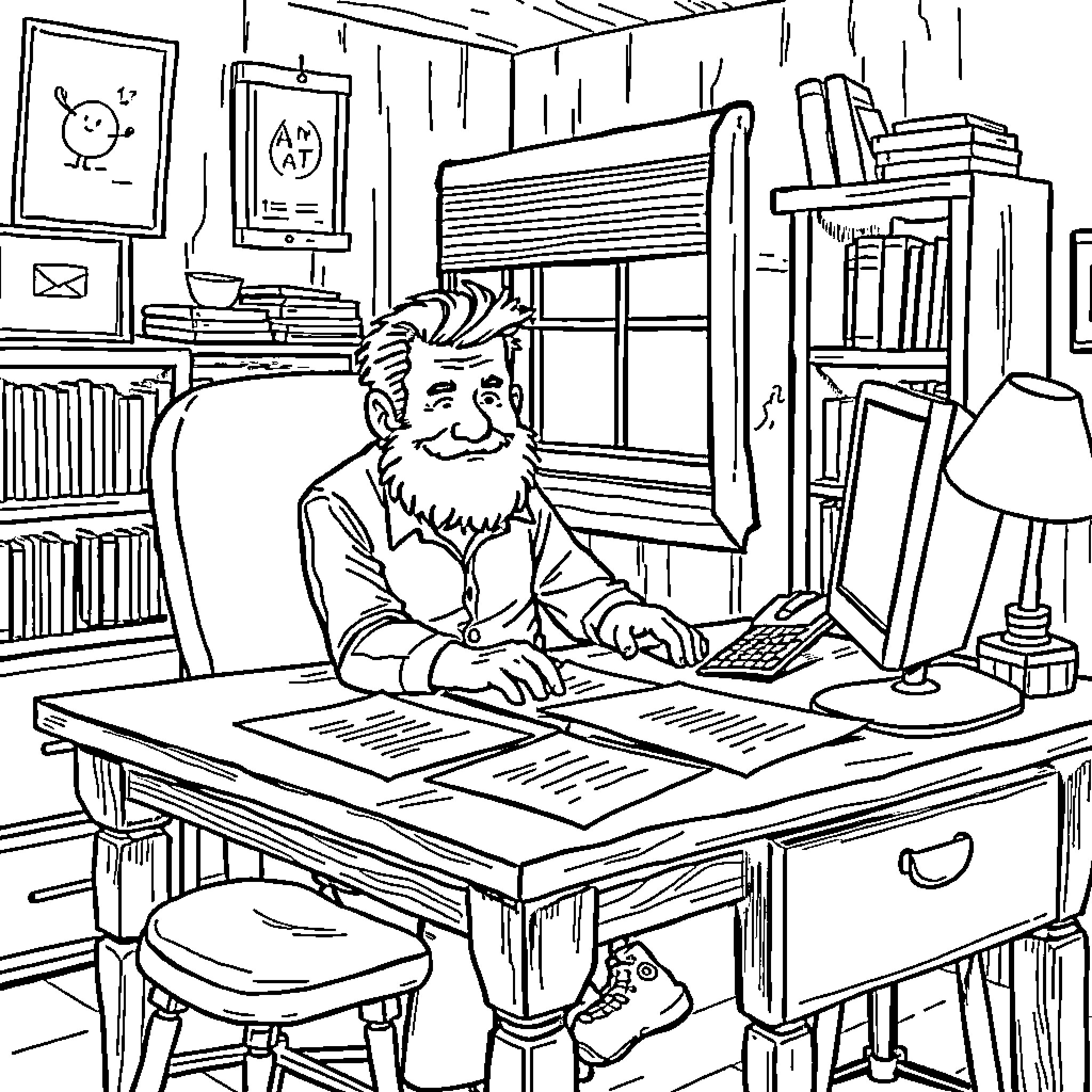 Wigman working diligently at his desk in the office Coloring Page (free black-and-white line drawing printable PDF for all, from beginners to advanced learners, including children, teens, adults, and seniors)