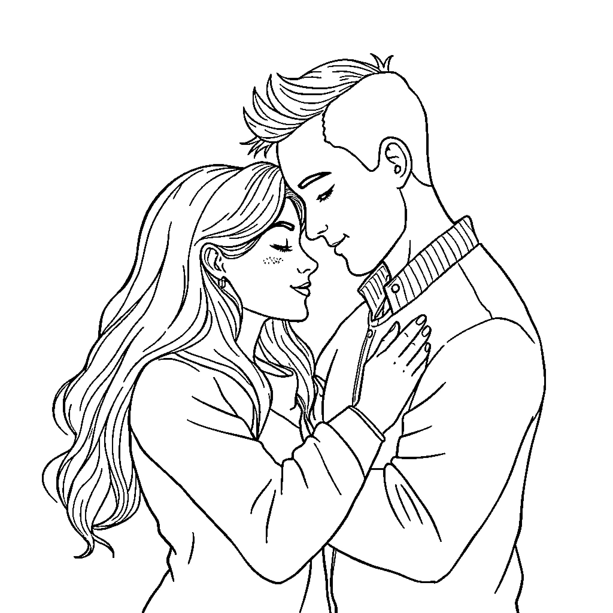 Love's Embrace: Intimate Affection Shared Coloring Page (free black-and-white line drawing printable PDF for all, from beginners to advanced learners, including children, teens, adults, and seniors)