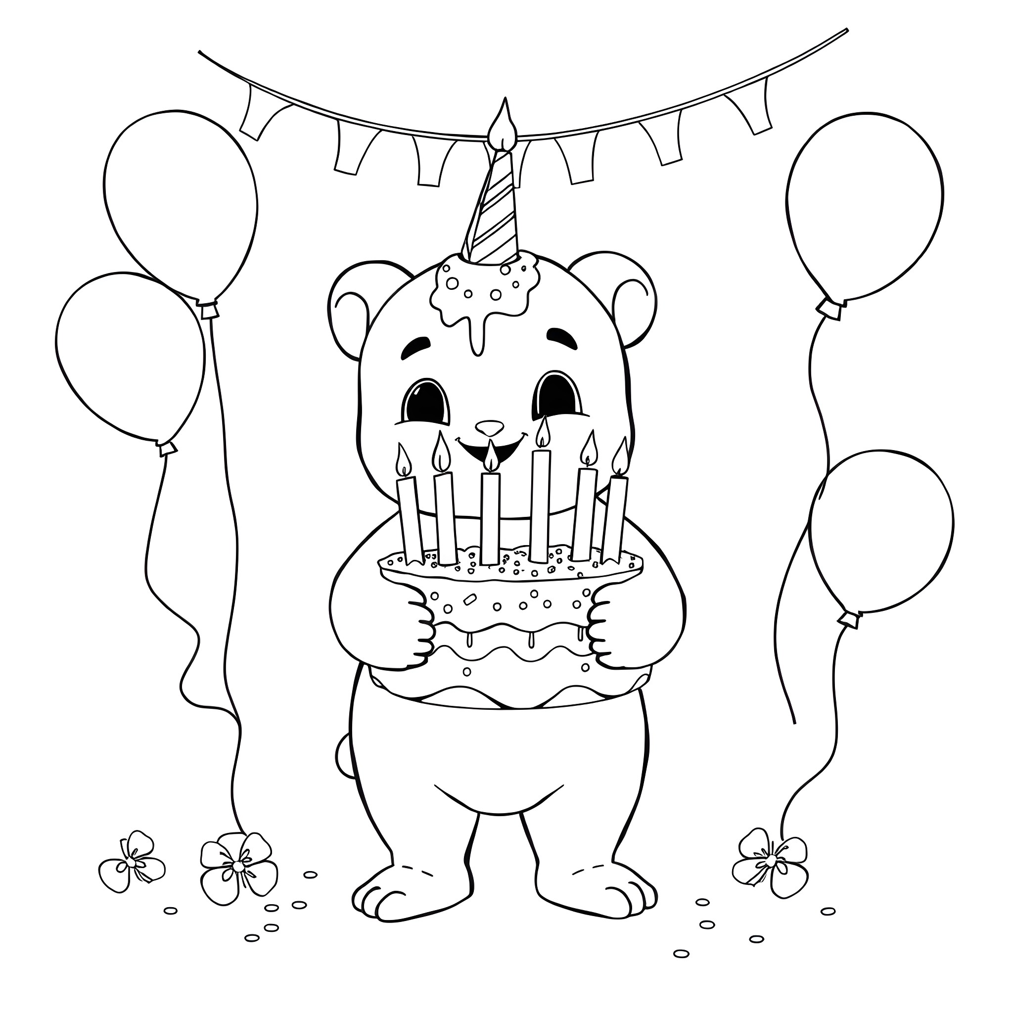 Labubu celebrates birthday with balloons and cake Coloring Page (free black-and-white line drawing printable PDF for all, from beginners to advanced learners, including children, teens, adults, and seniors)