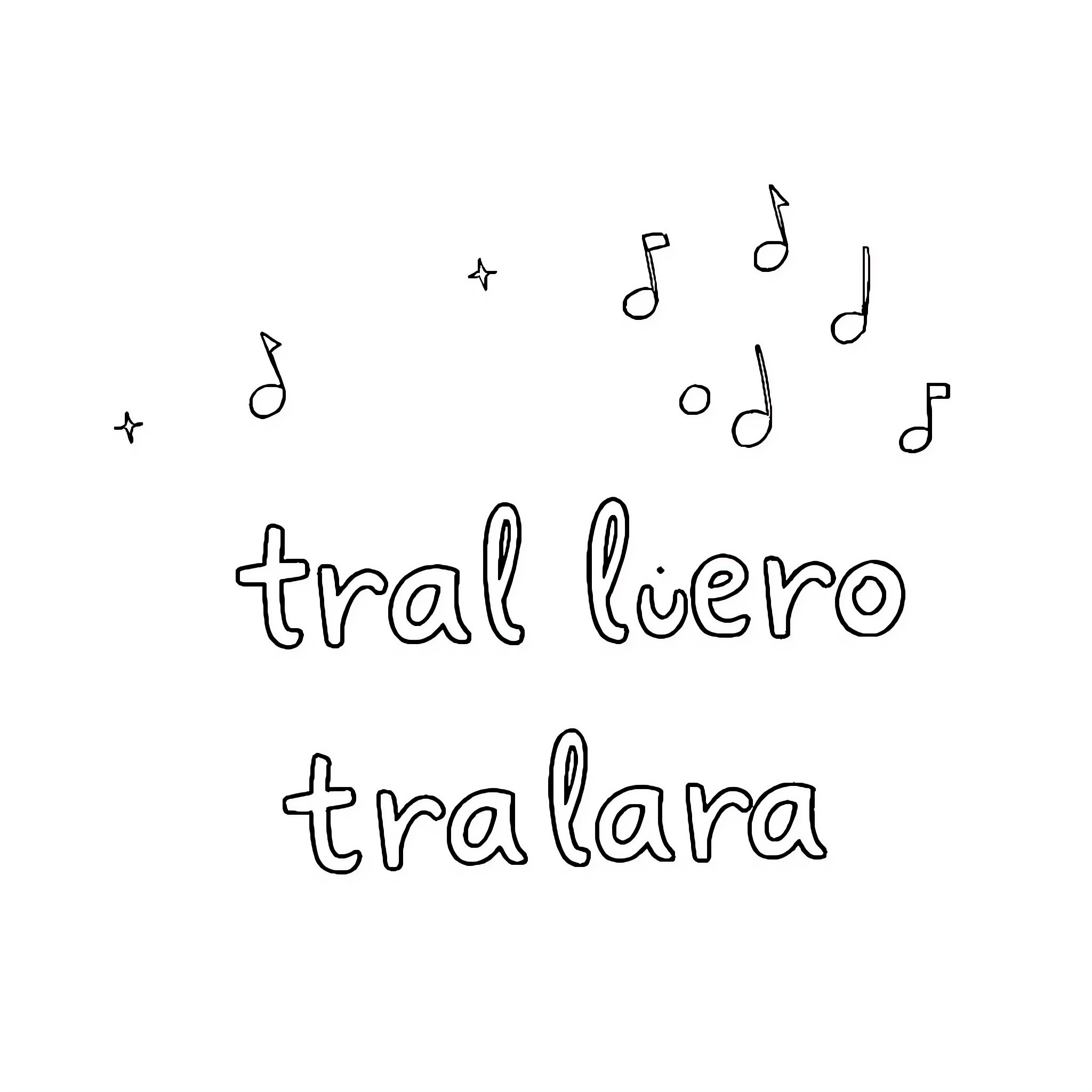 Tralala music notes dance across the page Coloring Page (free black-and-white line drawing printable PDF for all, from beginners to advanced learners, including children, teens, adults, and seniors)