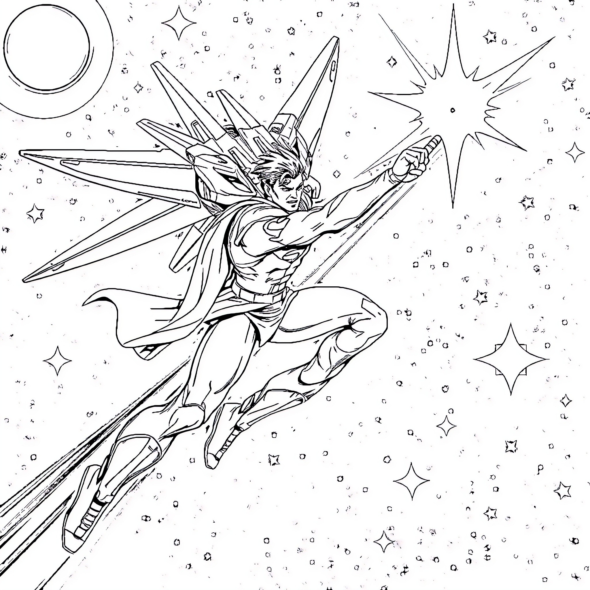 Superman heroically flying through the cosmos Coloring Page (free black-and-white line drawing printable PDF for all, from beginners to advanced learners, including children, teens, adults, and seniors)