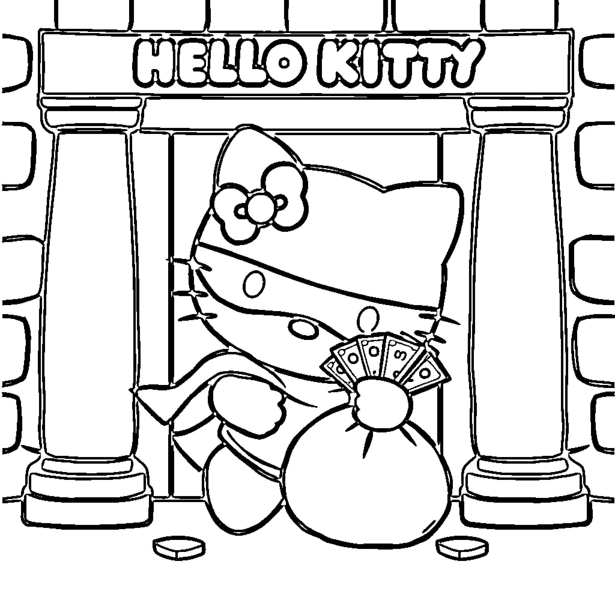 Hello Kitty holding cash in front of entrance Coloring Page (free black-and-white line drawing printable PDF for all, from beginners to advanced learners, including children, teens, adults, and seniors)
