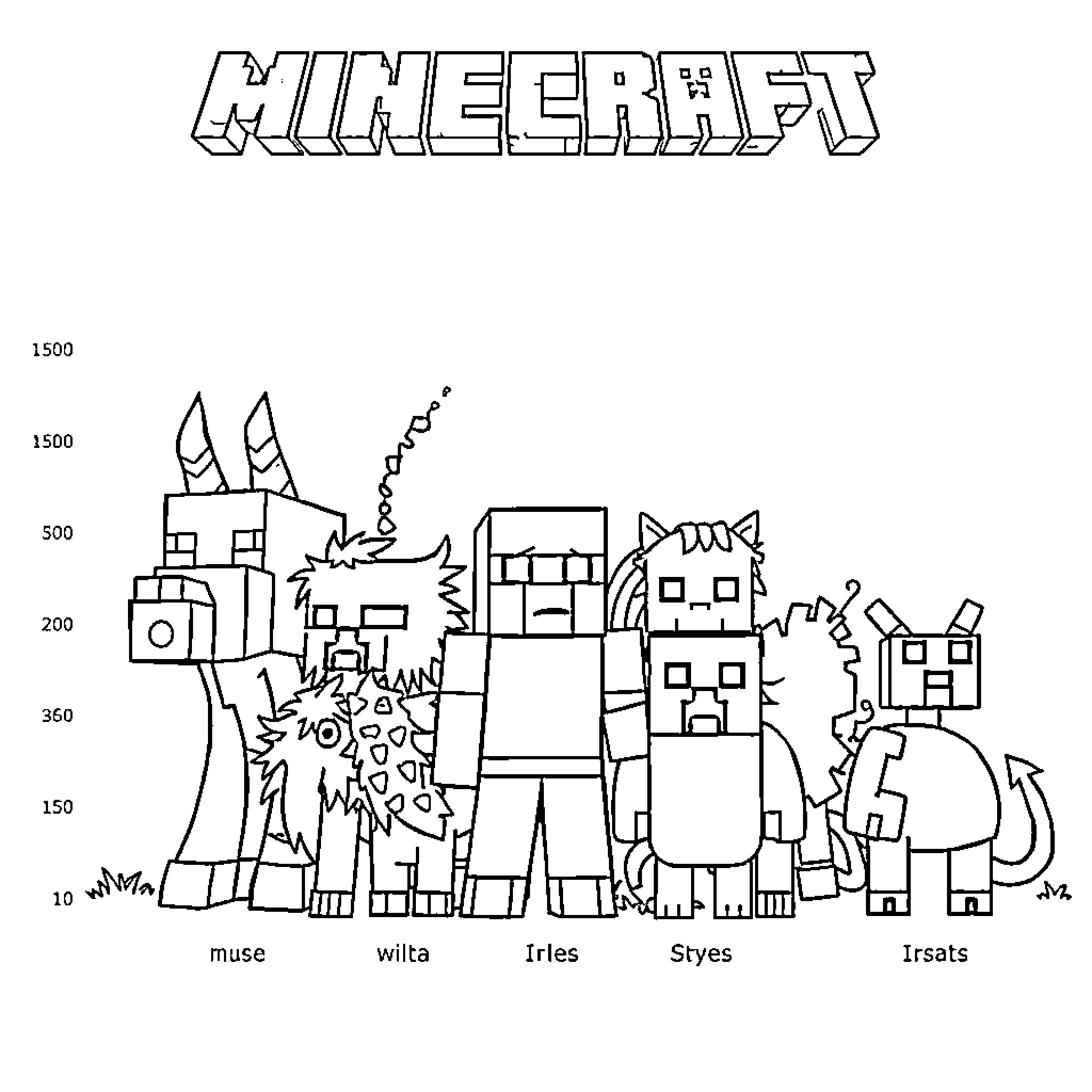 Minecraft Mob Characters in Playful Poses Coloring Page (free black-and-white line drawing printable PDF for all, from beginners to advanced learners, including children, teens, adults, and seniors)