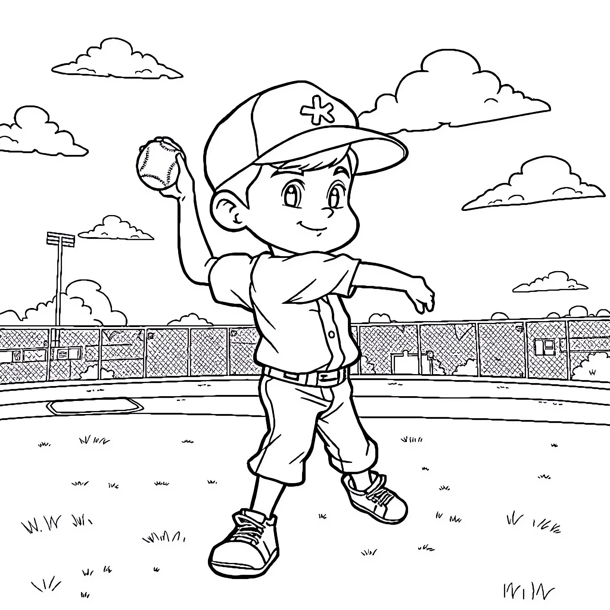 Boy playing baseball on the field Coloring Page (free black-and-white line drawing printable PDF for all, from beginners to advanced learners, including children, teens, adults, and seniors)