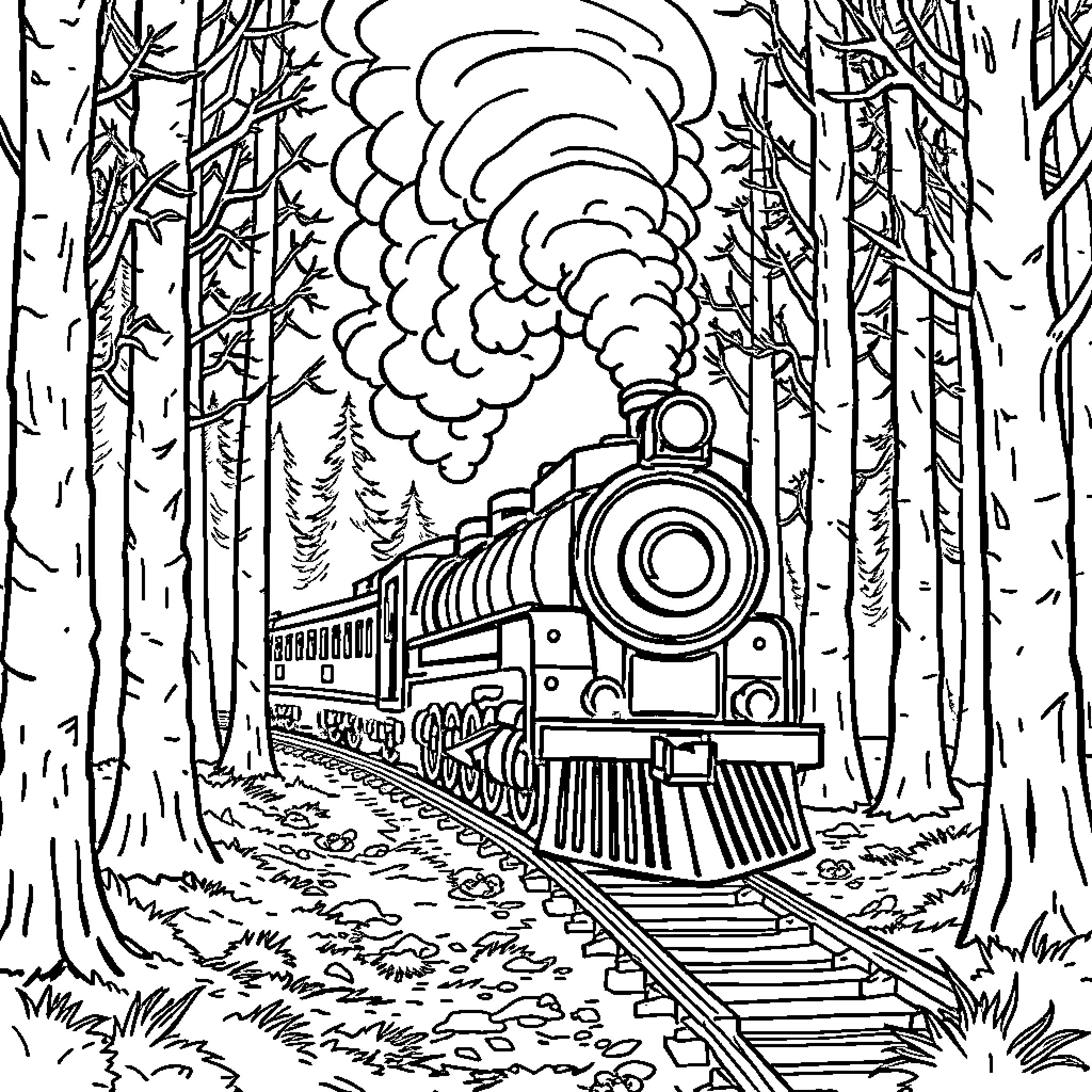 Train journeying through a wintry forest landscape Coloring Page (free black-and-white line drawing printable PDF for all, from beginners to advanced learners, including children, teens, adults, and seniors)