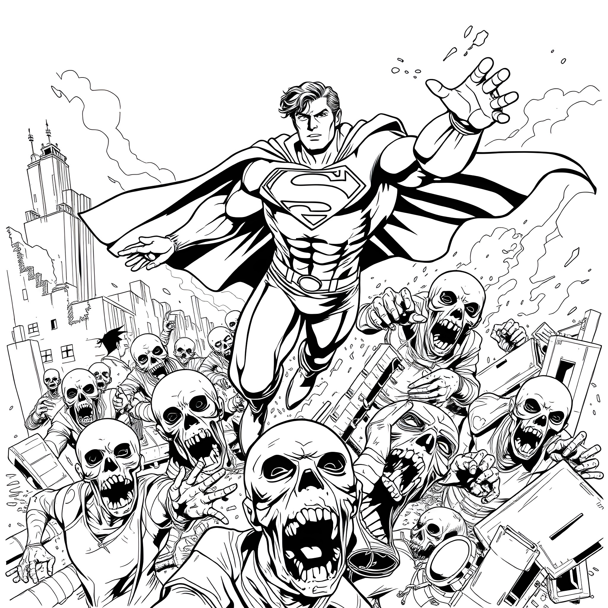 Superman battles a horde of monstrous figures in the city Coloring Page (free black-and-white line drawing printable PDF for all, from beginners to advanced learners, including children, teens, adults, and seniors)