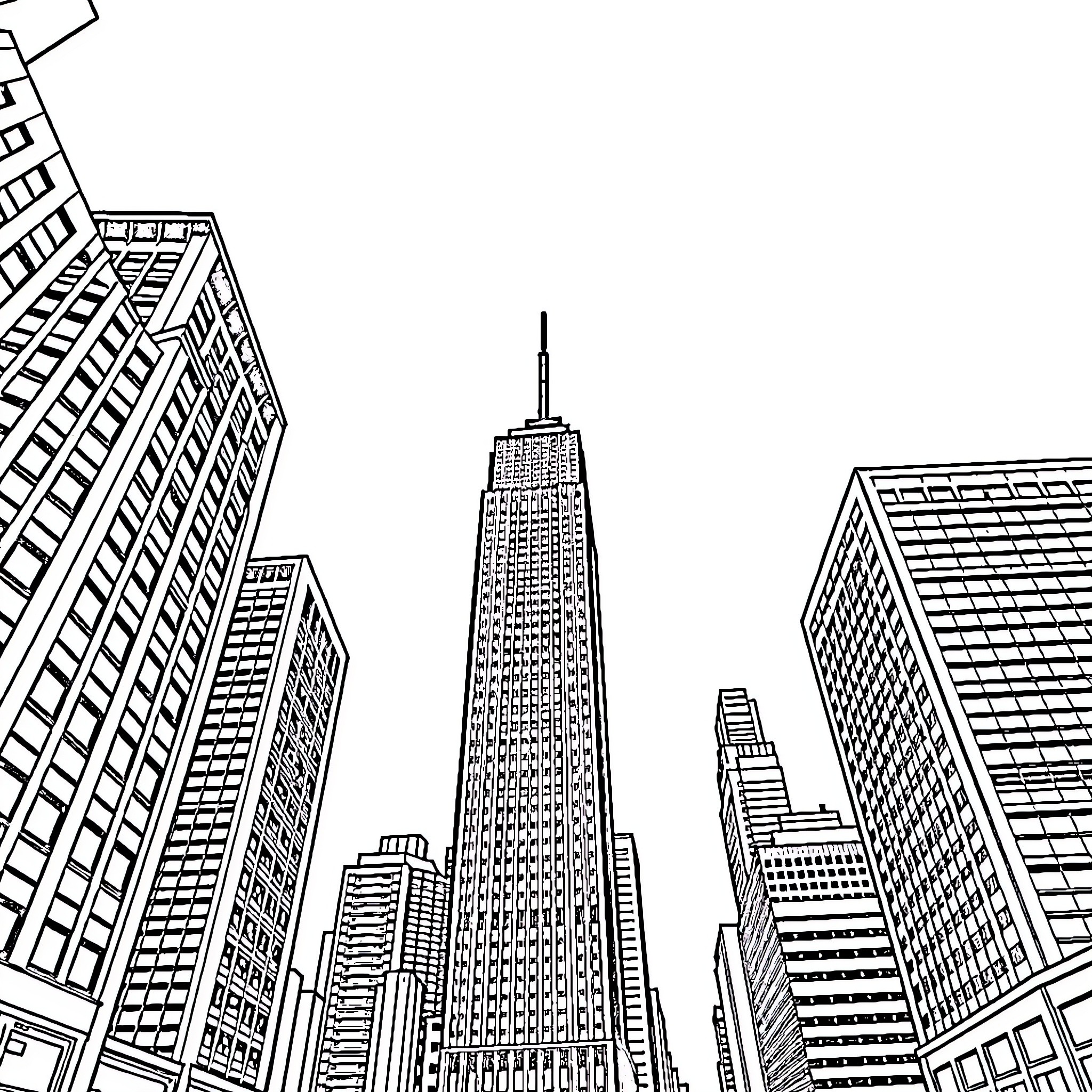 Building with skyscrapers and cityscape Coloring Page (free black-and-white line drawing printable PDF for all, from beginners to advanced learners, including children, teens, adults, and seniors)