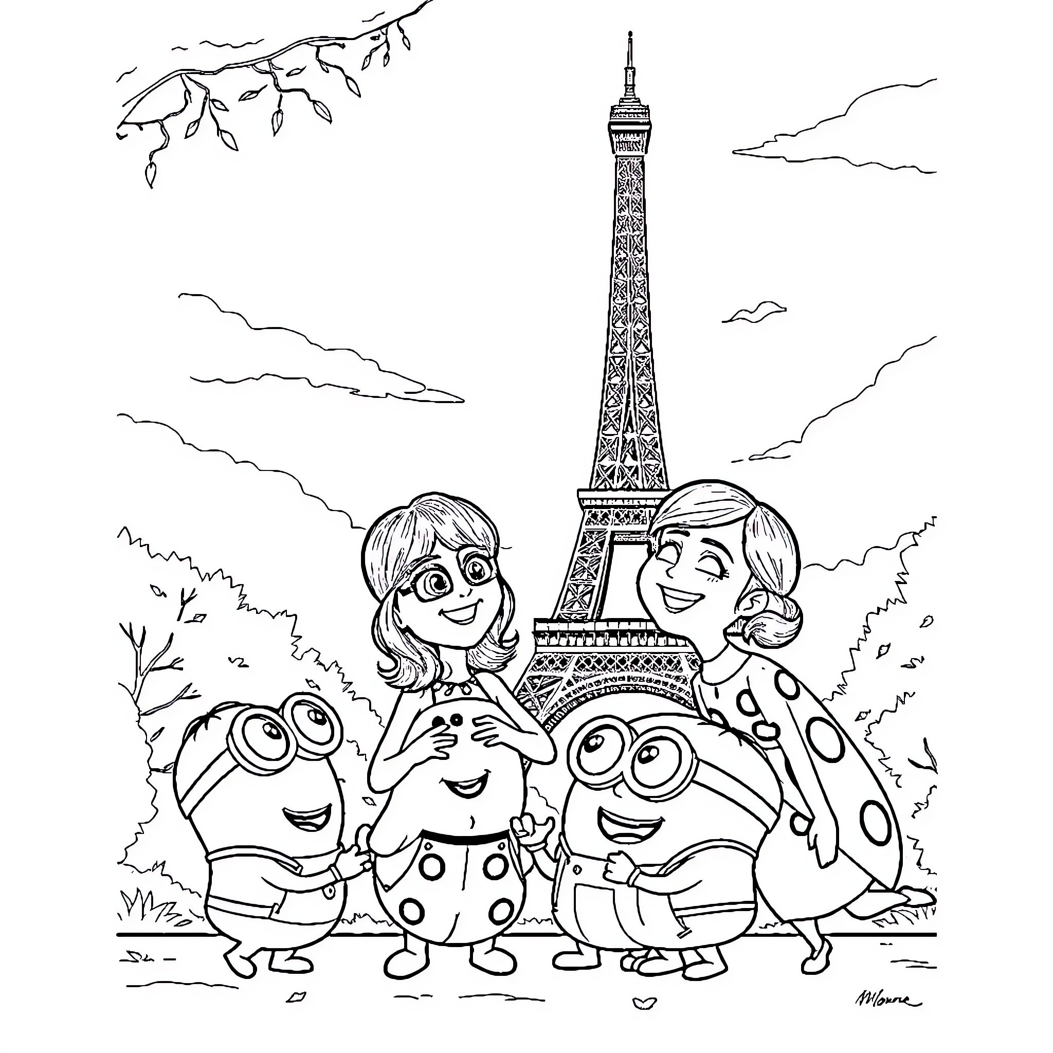 Miraculous Ladybug Characters Visit the Eiffel Tower Coloring Page (free black-and-white line drawing printable PDF for all, from beginners to advanced learners, including children, teens, adults, and seniors)