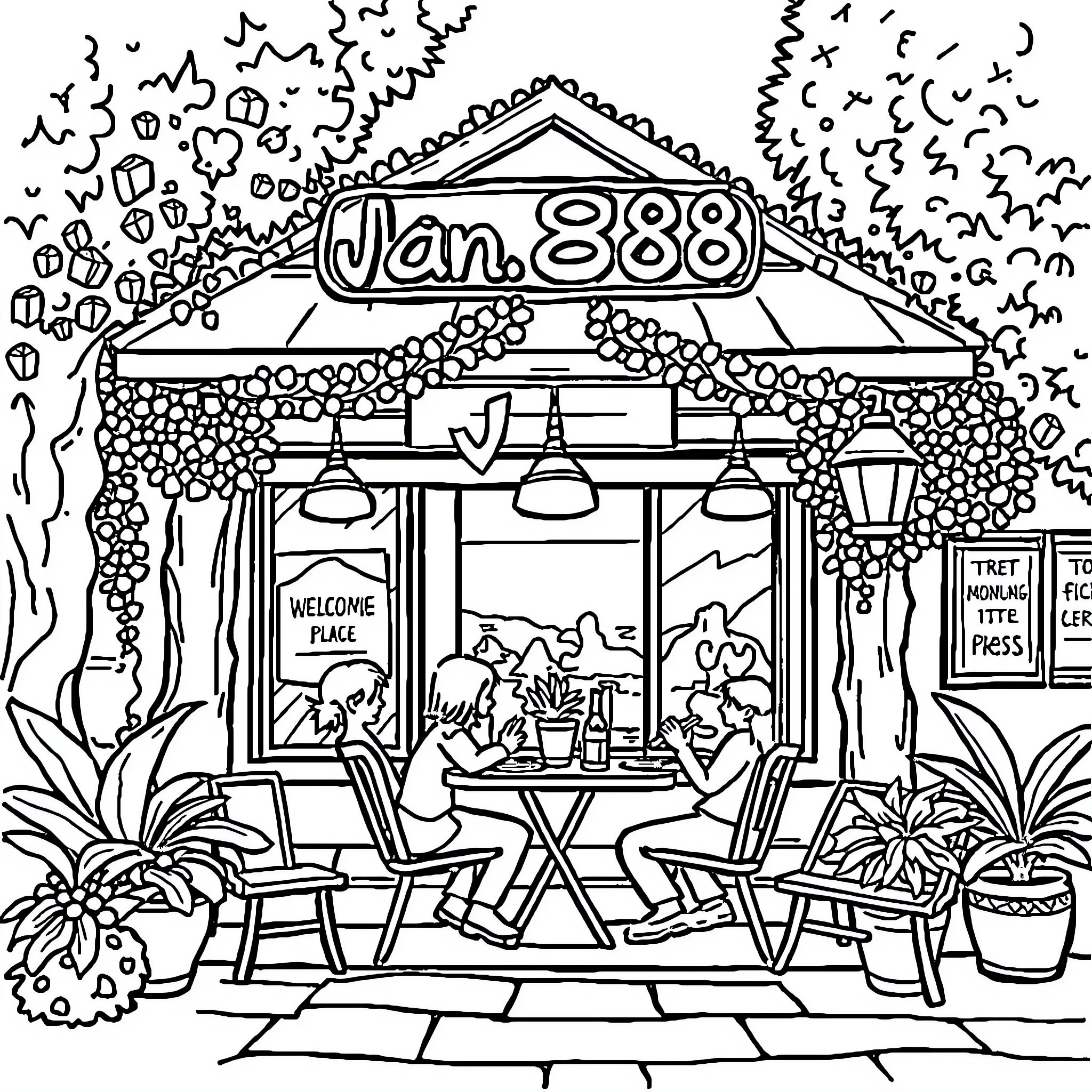 Jon's Cozy Cafe Adventure Coloring Page (free black-and-white line drawing printable PDF for all, from beginners to advanced learners, including children, teens, adults, and seniors)
