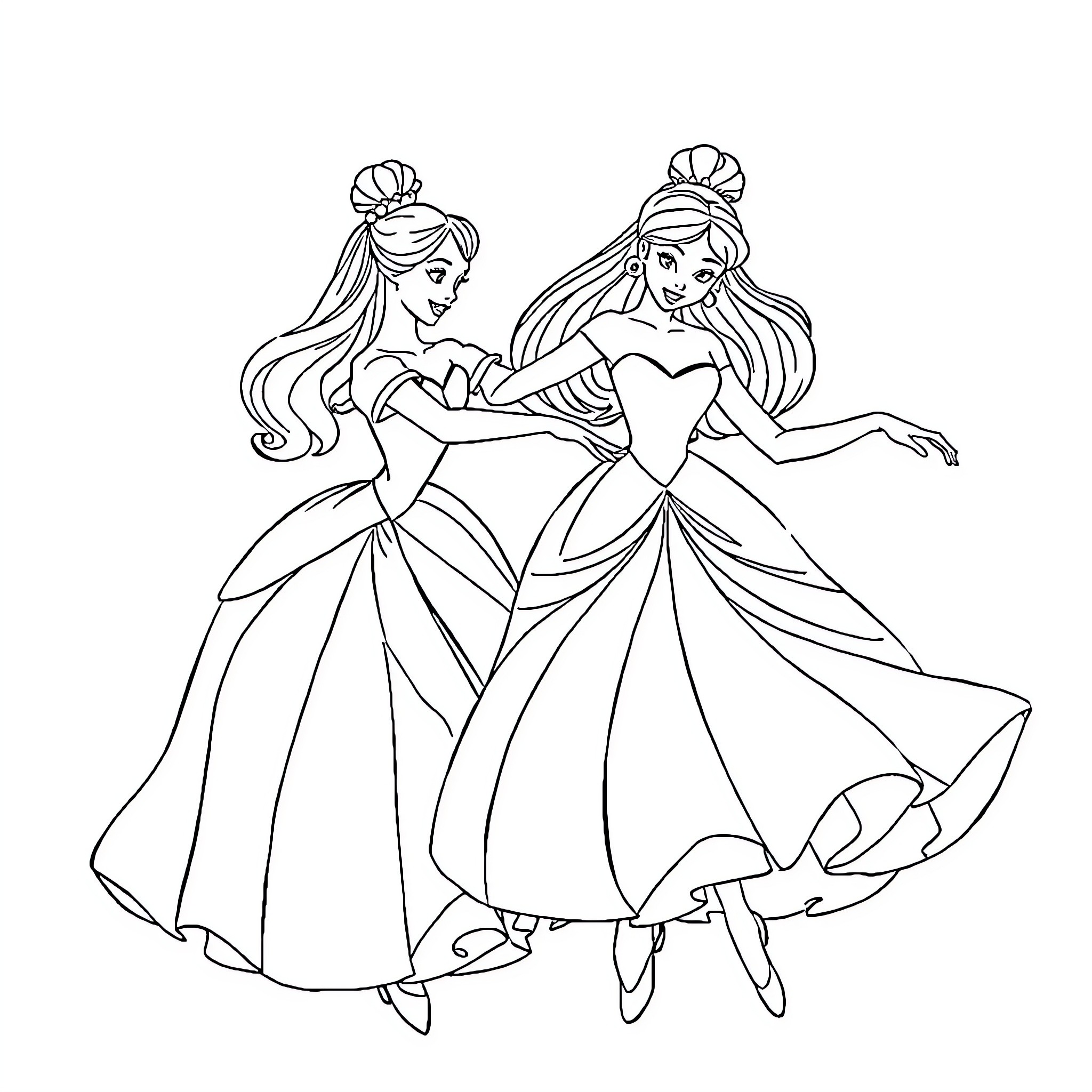 Princess duo dancing gracefully in elegant gowns Coloring Page (free black-and-white line drawing printable PDF for all, from beginners to advanced learners, including children, teens, adults, and seniors)