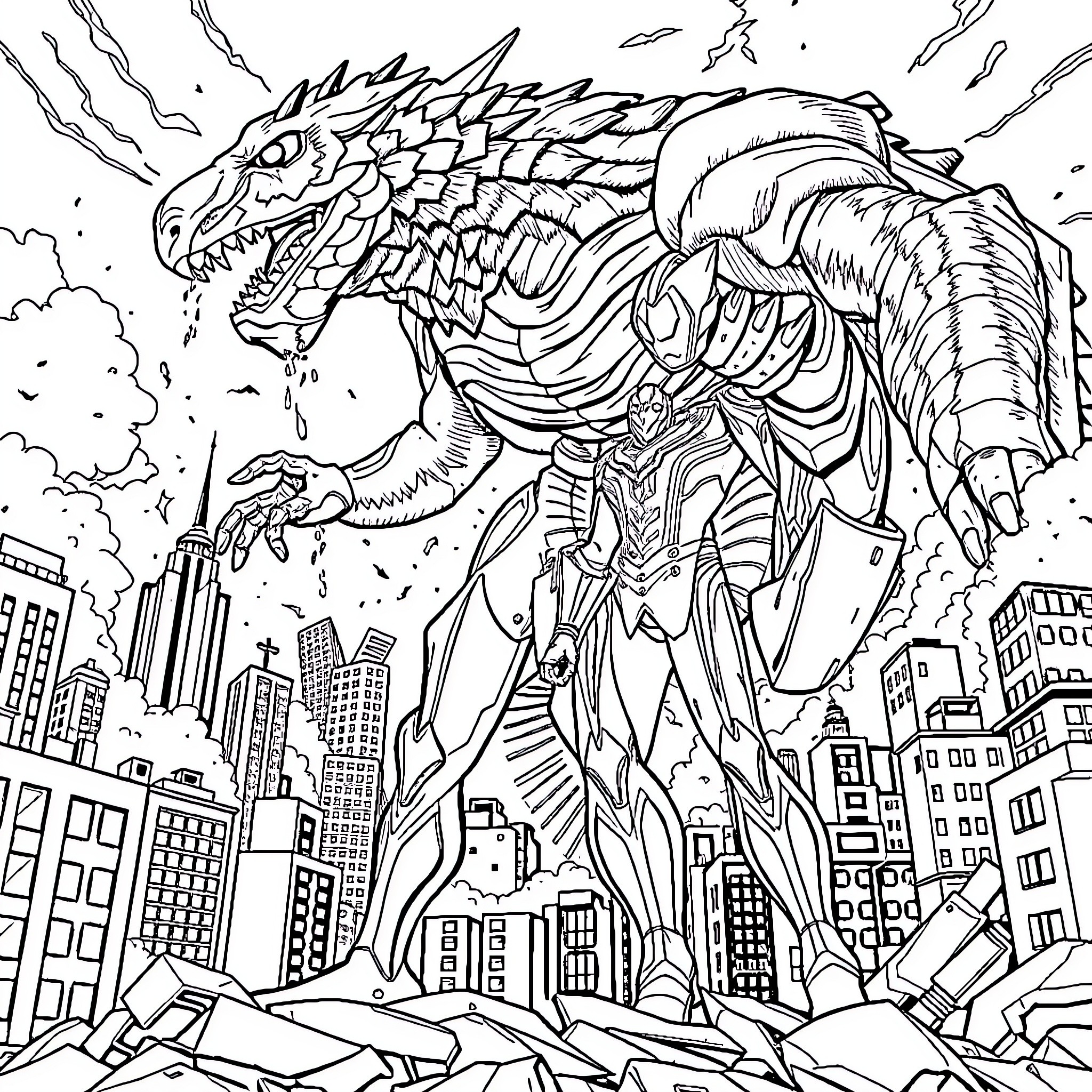 Ultraman Battles a Monstrous Creature in the City Coloring Page (free black-and-white line drawing printable PDF for all, from beginners to advanced learners, including children, teens, adults, and seniors)