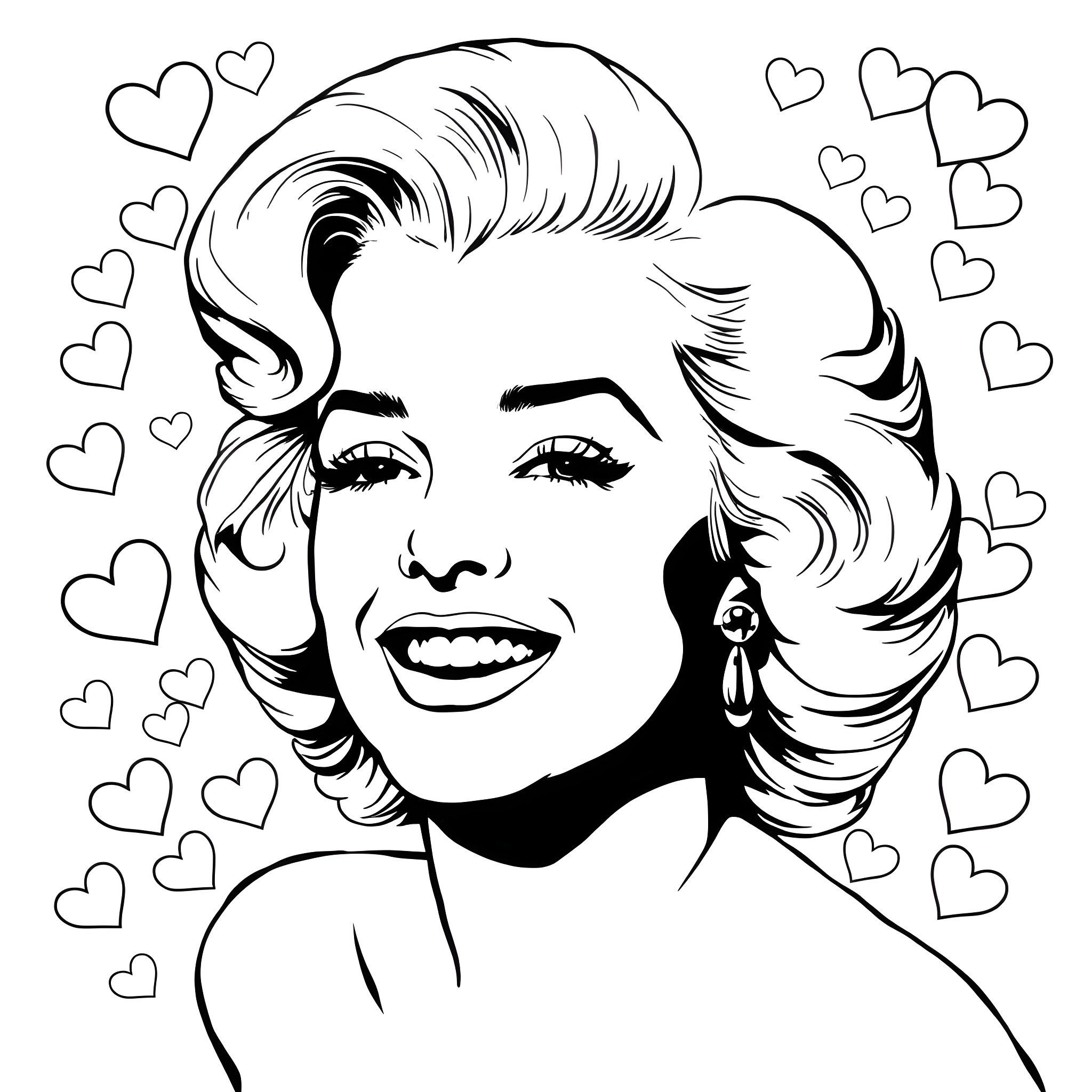 Marilyn Monroe's Radiant Smile and Captivating Charm Coloring Page (free black-and-white line drawing printable PDF for all, from beginners to advanced learners, including children, teens, adults, and seniors)