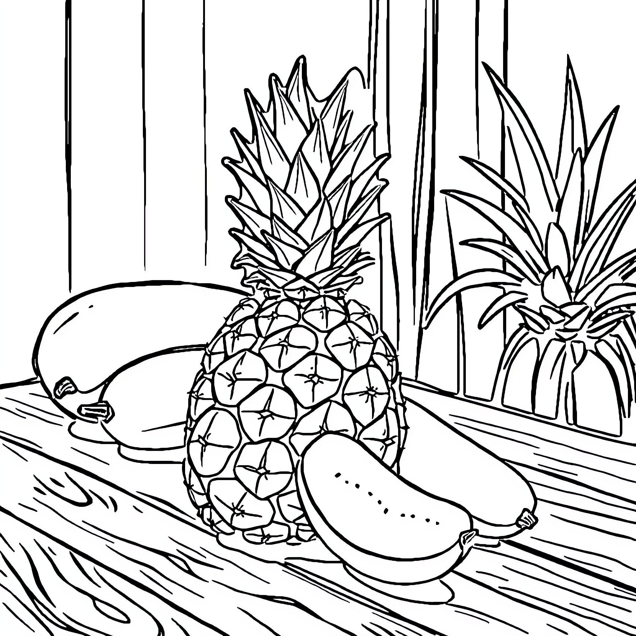 Pineapple and tropical fruits on beach Coloring Page (free black-and-white line drawing printable PDF for all, from beginners to advanced learners, including children, teens, adults, and seniors)