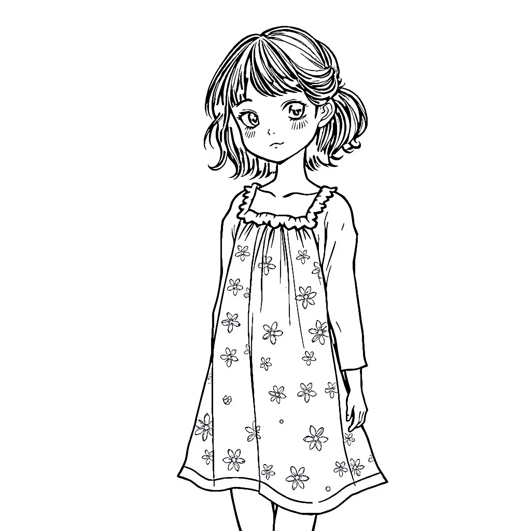 Girl in Floral Print Dress with Thoughtful Expression Coloring Page (free black-and-white line drawing printable PDF for all, from beginners to advanced learners, including children, teens, adults, and seniors)