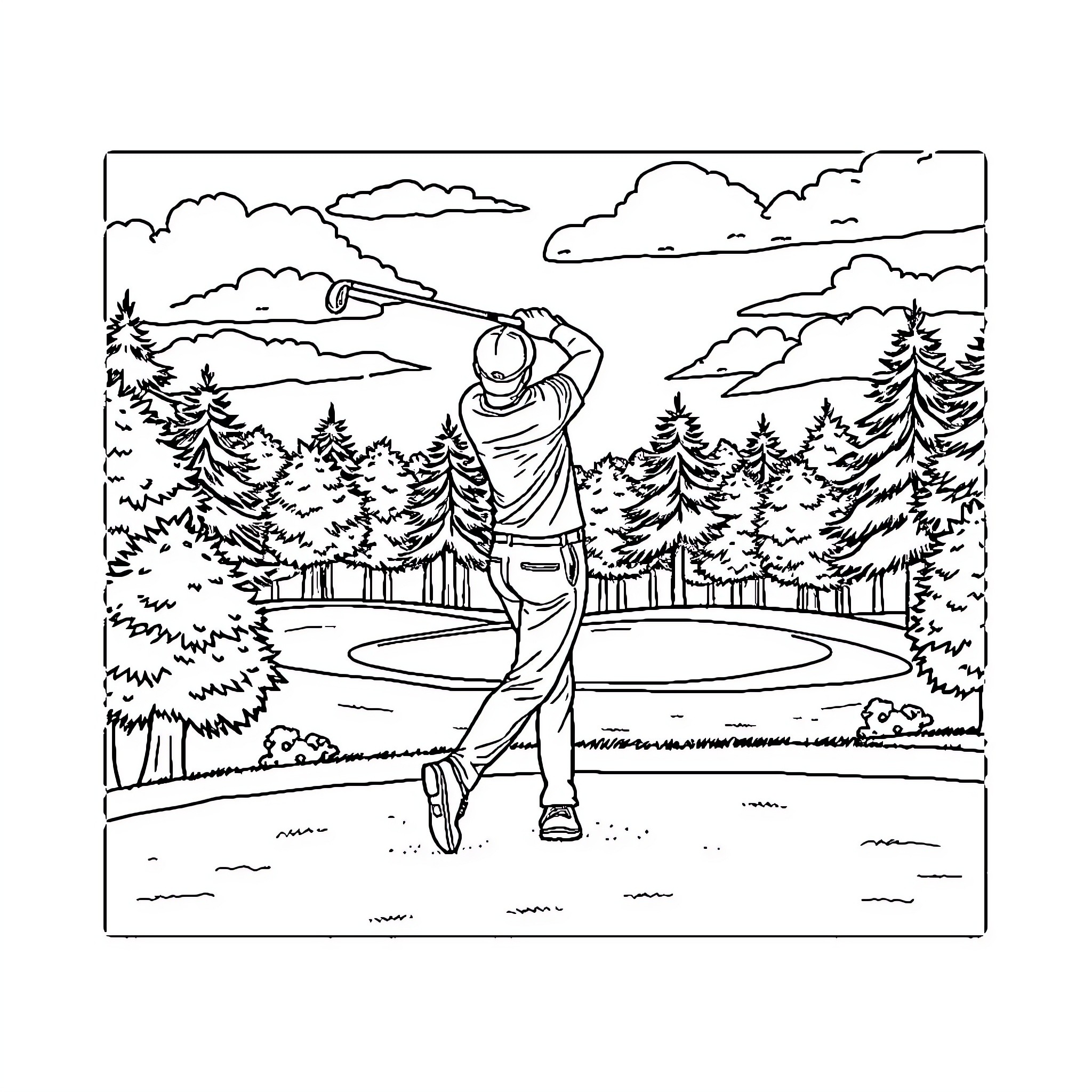 Golfer swinging on scenic golf course Coloring Page (free black-and-white line drawing printable PDF for all, from beginners to advanced learners, including children, teens, adults, and seniors)