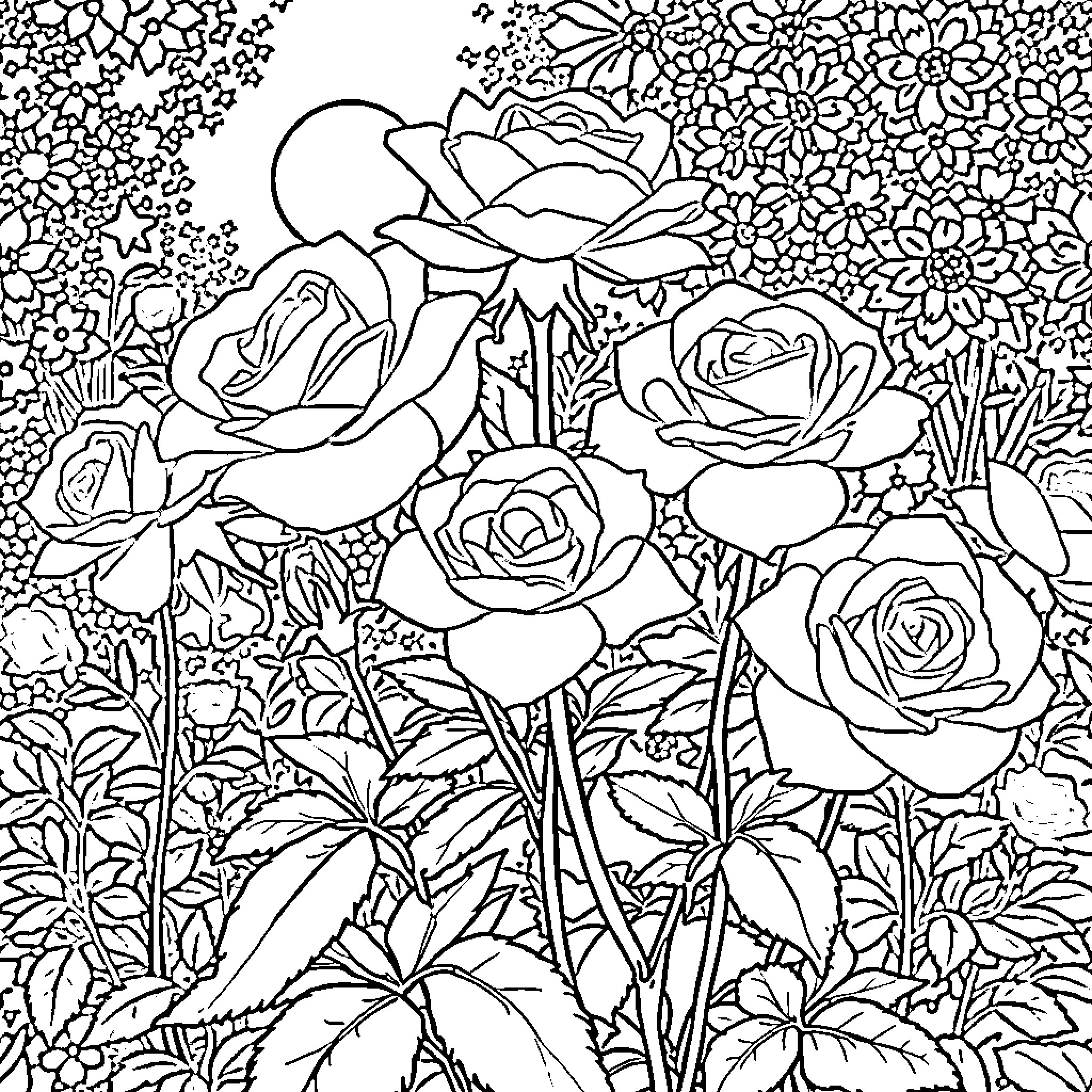 Rose Garden in Bloom Coloring Page (free black-and-white line drawing printable PDF for all, from beginners to advanced learners, including children, teens, adults, and seniors)