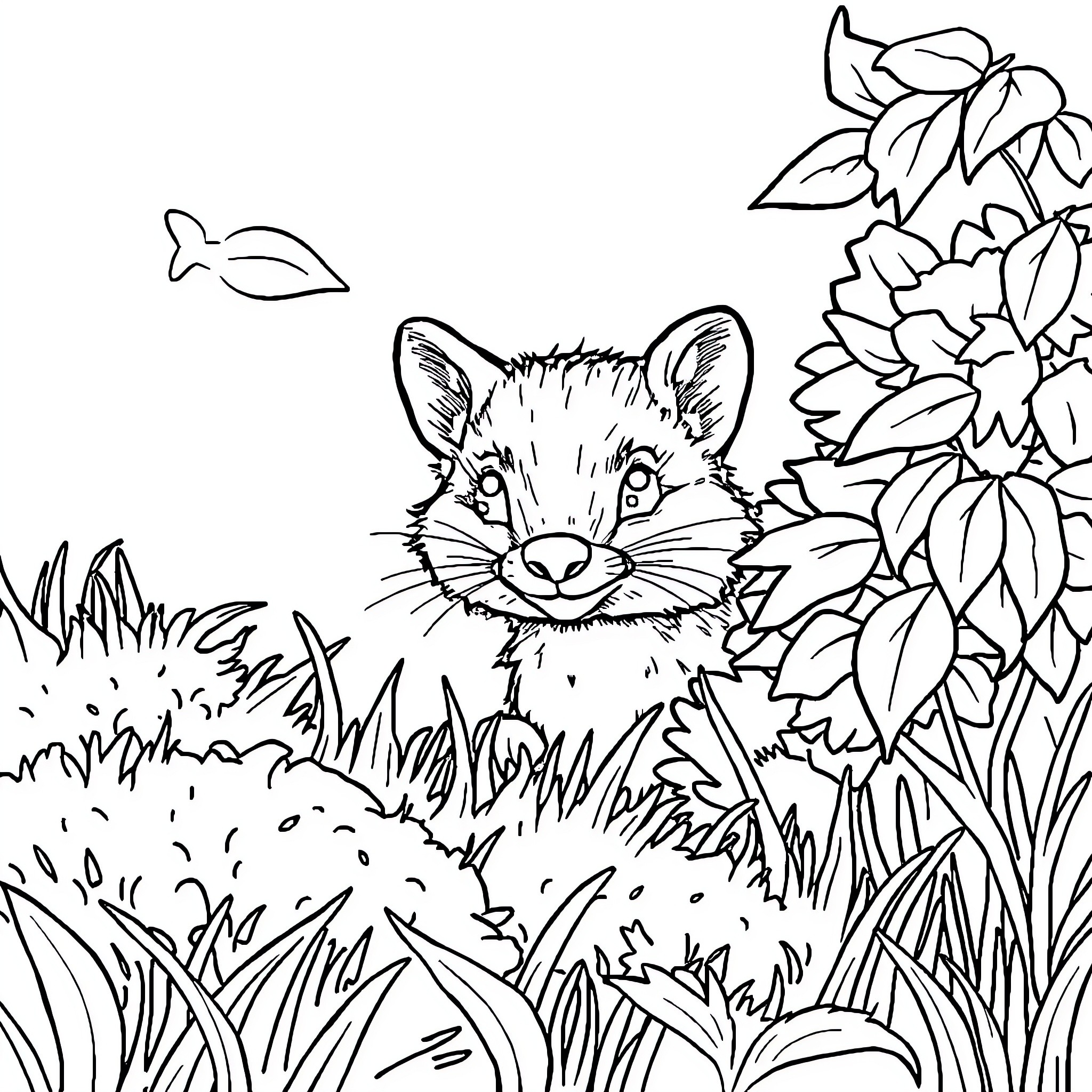 Animal peeking through foliage in nature Coloring Page (free black-and-white line drawing printable PDF for all, from beginners to advanced learners, including children, teens, adults, and seniors)