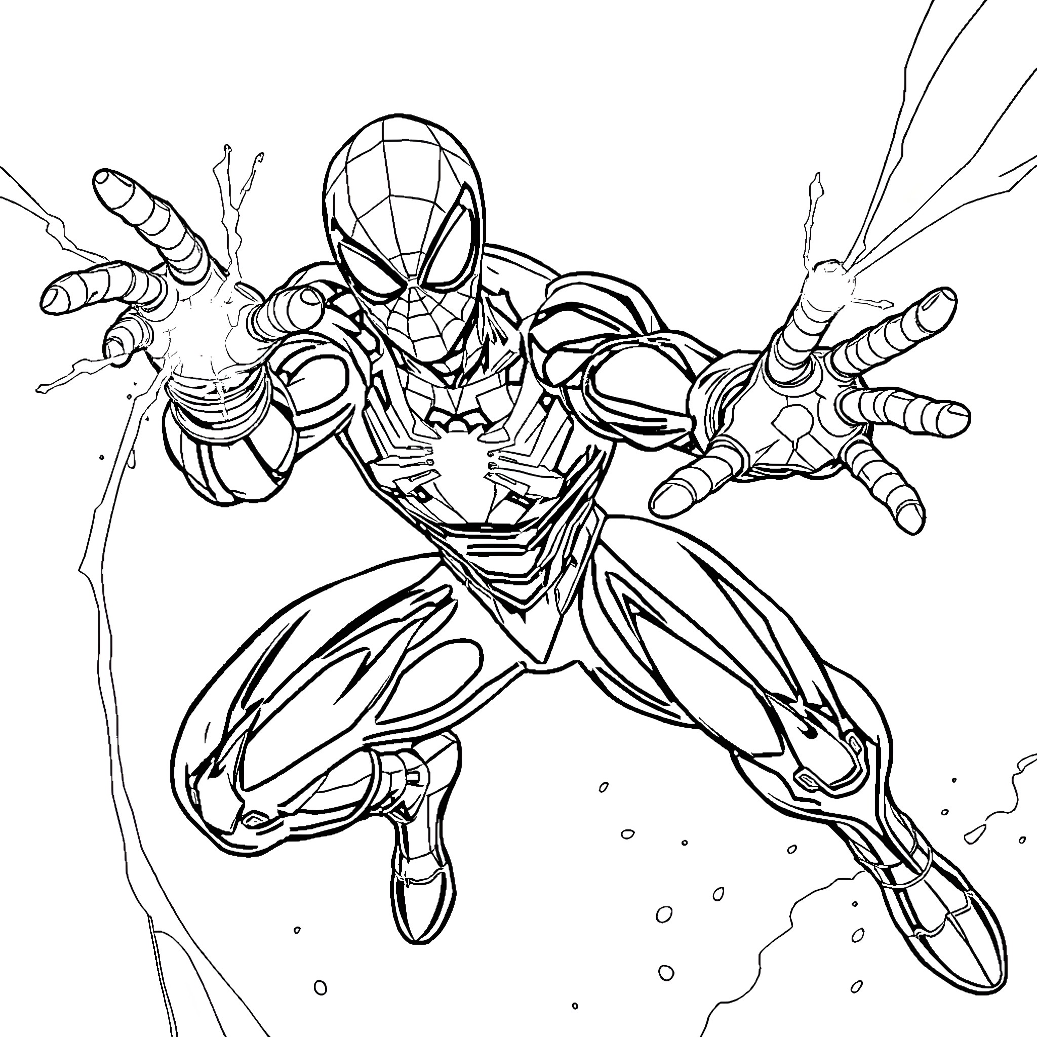 Spider-Man in action-packed heroic pose Coloring Page (free black-and-white line drawing printable PDF for all, from beginners to advanced learners, including children, teens, adults, and seniors)