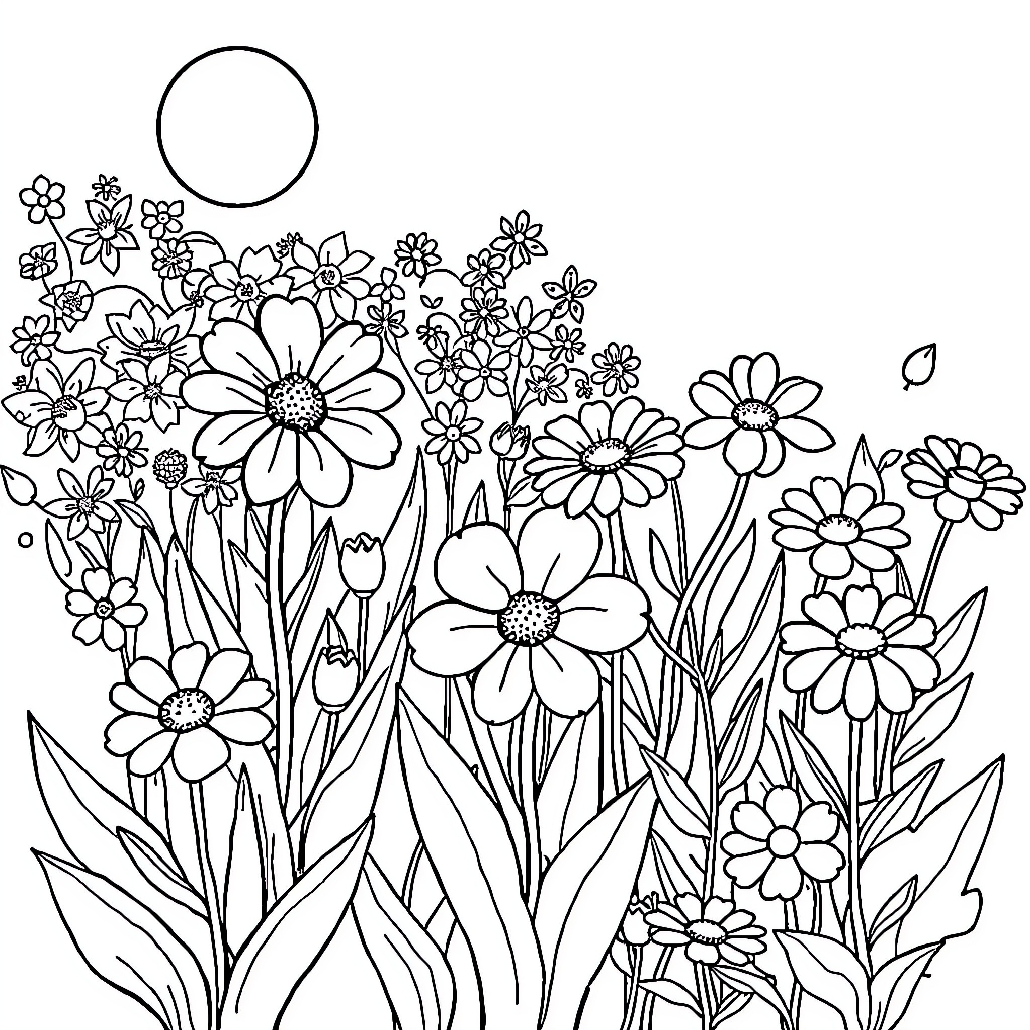 Flower field with various blooms Coloring Page (free black-and-white line drawing printable PDF for all, from beginners to advanced learners, including children, teens, adults, and seniors)