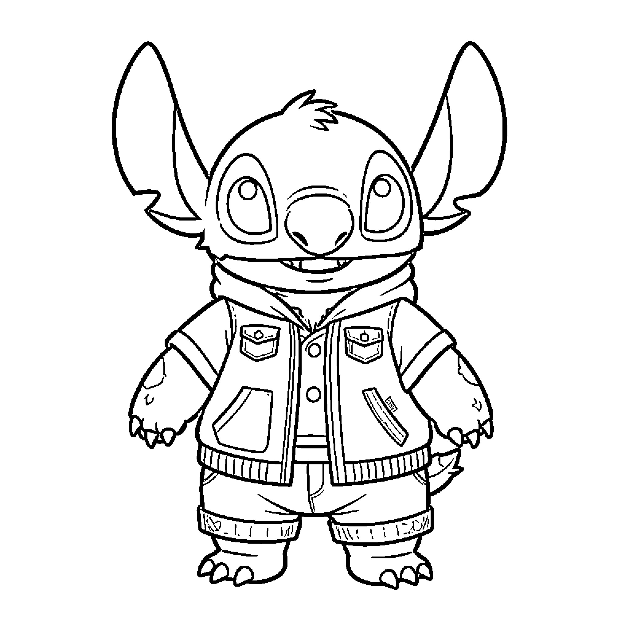 Stitch in casual outfit Coloring Page (free black-and-white line drawing printable PDF for all, from beginners to advanced learners, including children, teens, adults, and seniors)