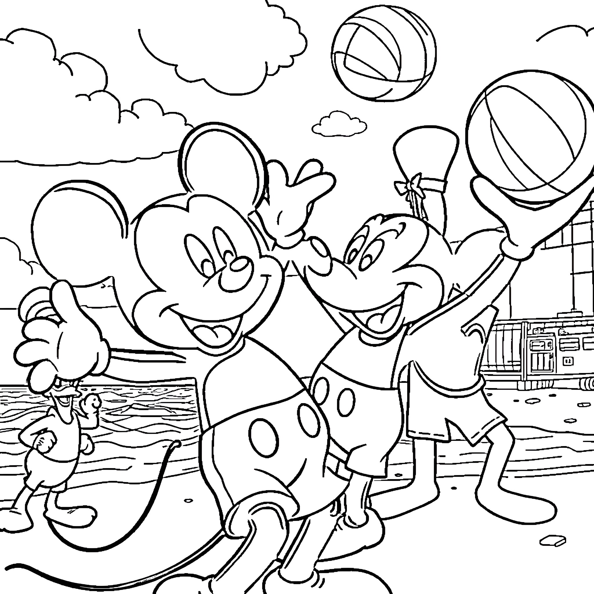 Mickey enjoying summer fun with friends Coloring Page (free black-and-white line drawing printable PDF for all, from beginners to advanced learners, including children, teens, adults, and seniors)
