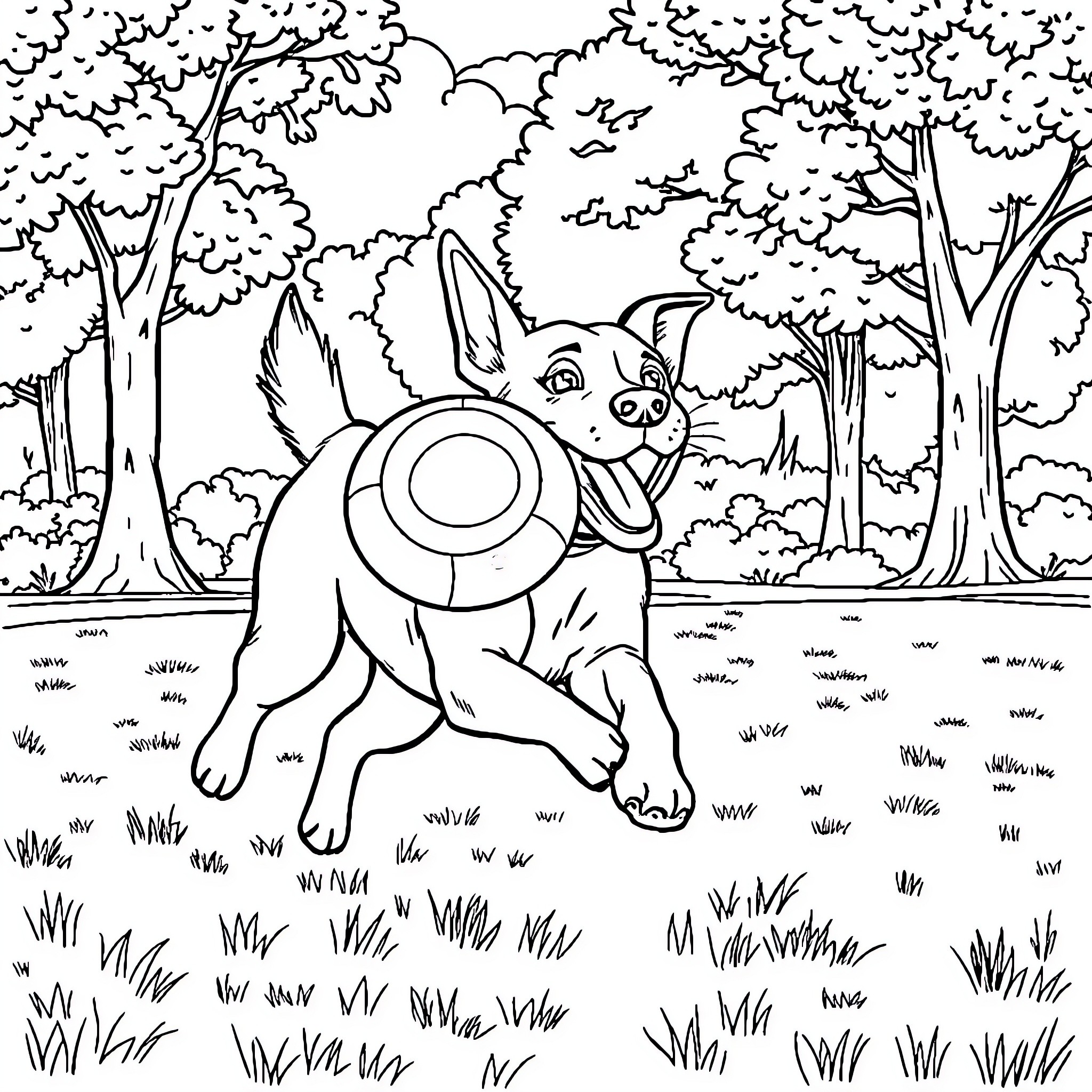 Dog happily exploring the forest landscape Coloring Page (free black-and-white line drawing printable PDF for all, from beginners to advanced learners, including children, teens, adults, and seniors)