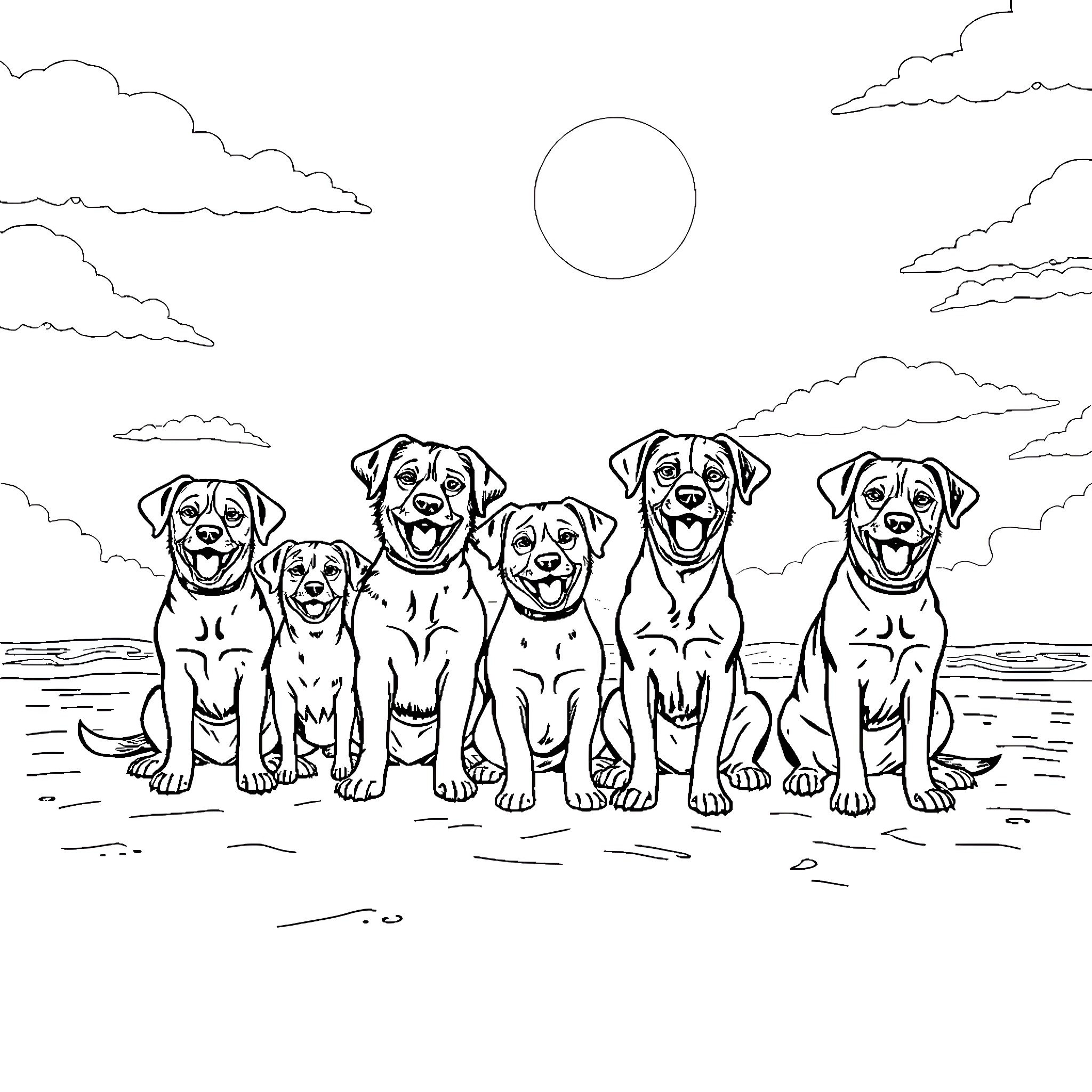 Dogs enjoying the sunny day at the beach Coloring Page (free black-and-white line drawing printable PDF for all, from beginners to advanced learners, including children, teens, adults, and seniors)