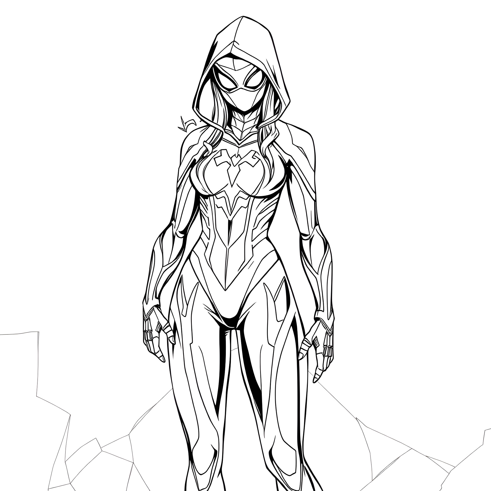 Gwen Stacy in heroic superhero pose Coloring Page (free black-and-white line drawing printable PDF for all, from beginners to advanced learners, including children, teens, adults, and seniors)