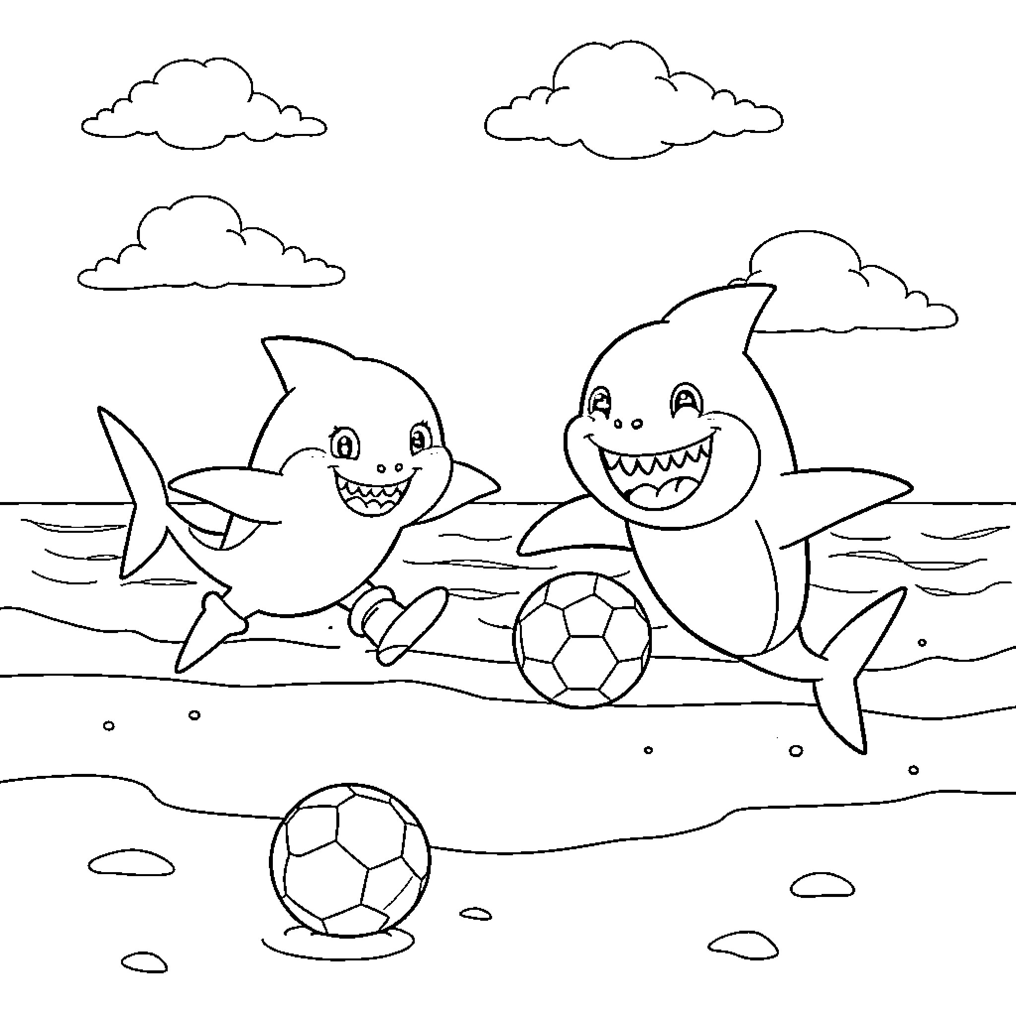 Shark friends playing with a soccer ball on the beach Coloring Page (free black-and-white line drawing printable PDF for all, from beginners to advanced learners, including children, teens, adults, and seniors)