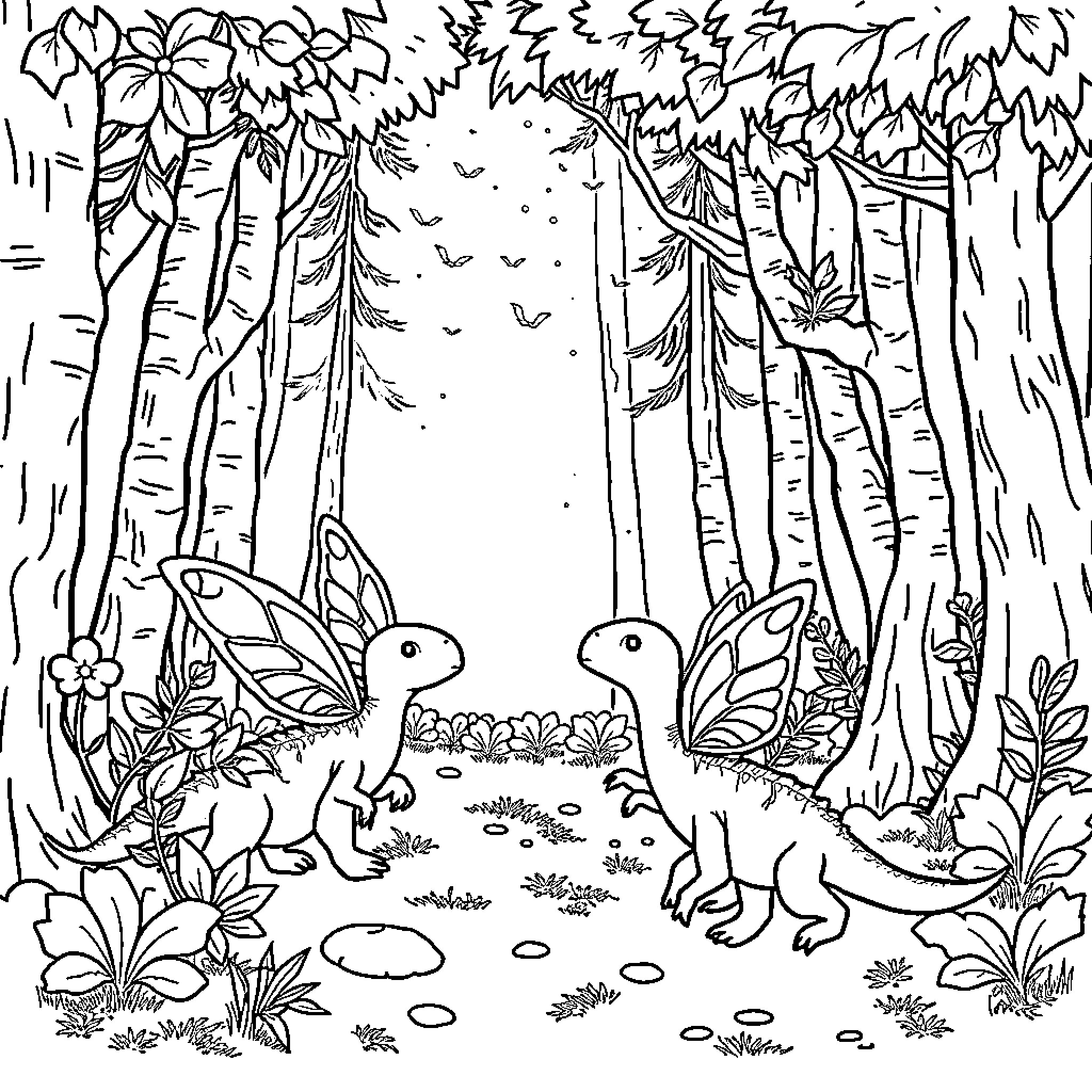 Dinosaur adventure in the lush forest Coloring Page (free black-and-white line drawing printable PDF for all, from beginners to advanced learners, including children, teens, adults, and seniors)