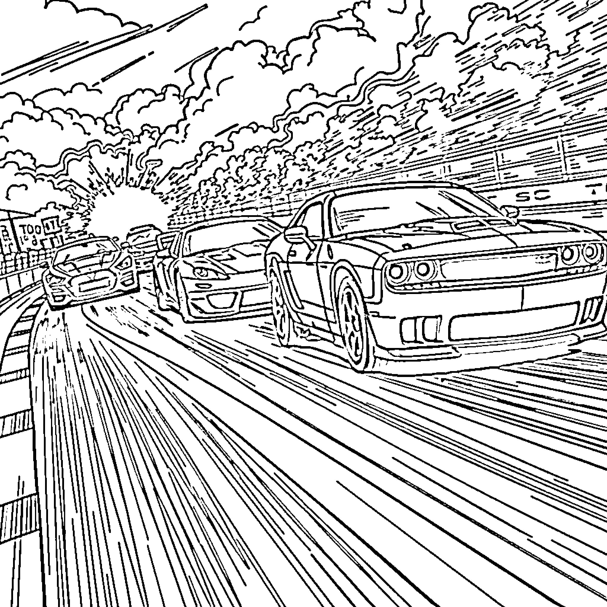 Race of high-performance vehicles on the road Coloring Page (free black-and-white line drawing printable PDF for all, from beginners to advanced learners, including children, teens, adults, and seniors)