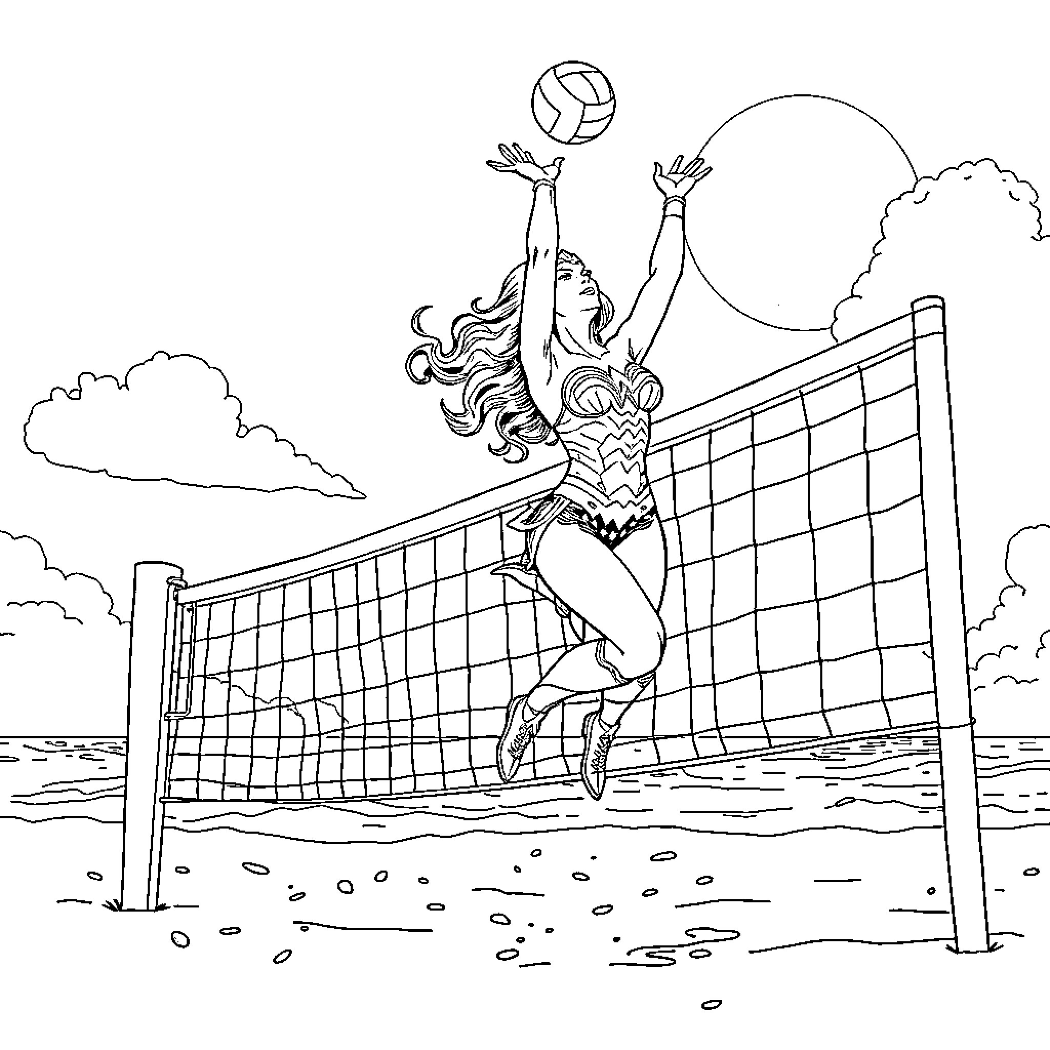 Wonder Woman Leaping to Spike Volleyball in the Outdoors Coloring Page (free black-and-white line drawing printable PDF for all, from beginners to advanced learners, including children, teens, adults, and seniors)