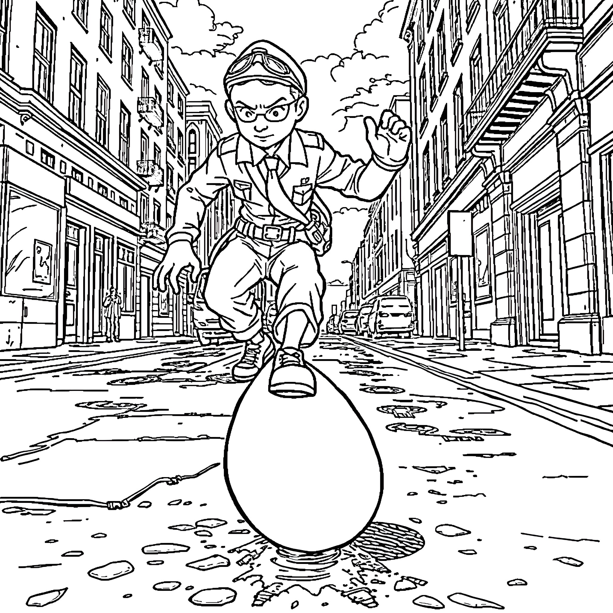 Pilot navigates through city streets Coloring Page (free black-and-white line drawing printable PDF for all, from beginners to advanced learners, including children, teens, adults, and seniors)