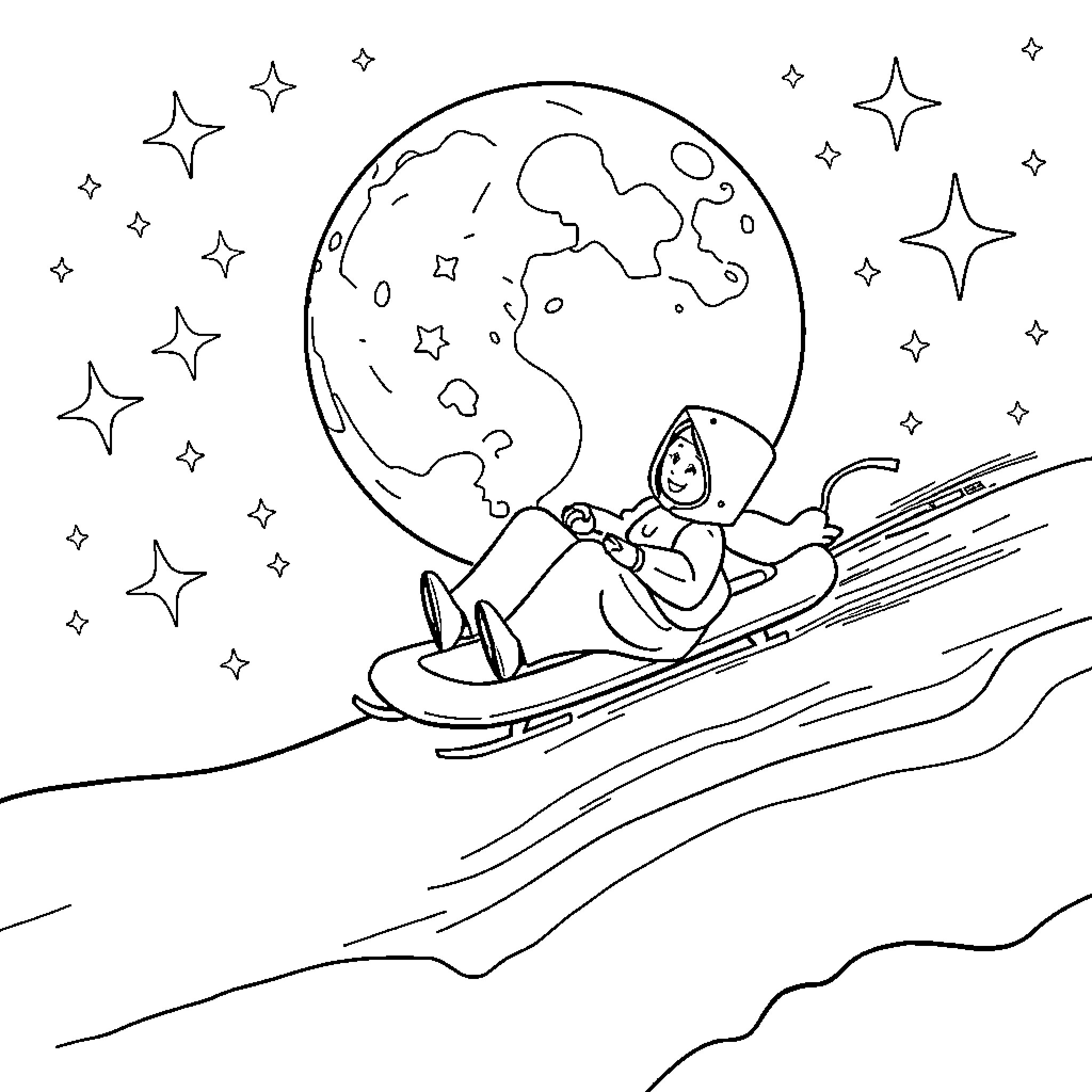 Bluey sledding under the starry night sky Coloring Page (free black-and-white line drawing printable PDF for all, from beginners to advanced learners, including children, teens, adults, and seniors)