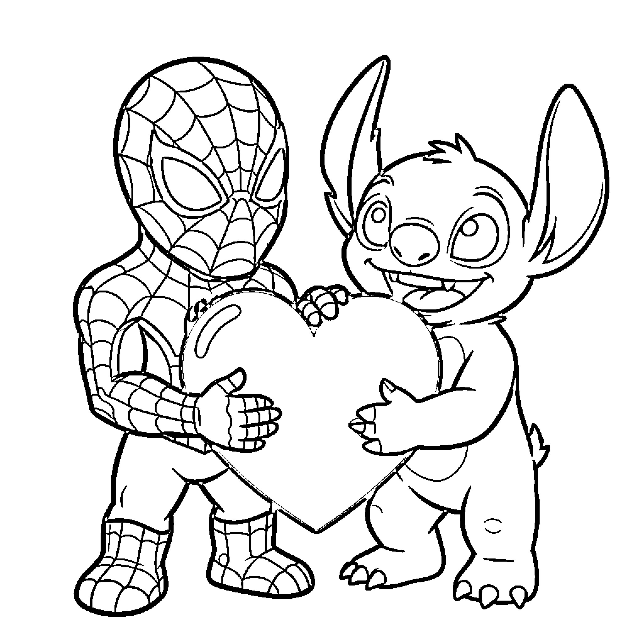 Spiderman and Stitch sharing a heart Coloring Page (free black-and-white line drawing printable PDF for all, from beginners to advanced learners, including children, teens, adults, and seniors)