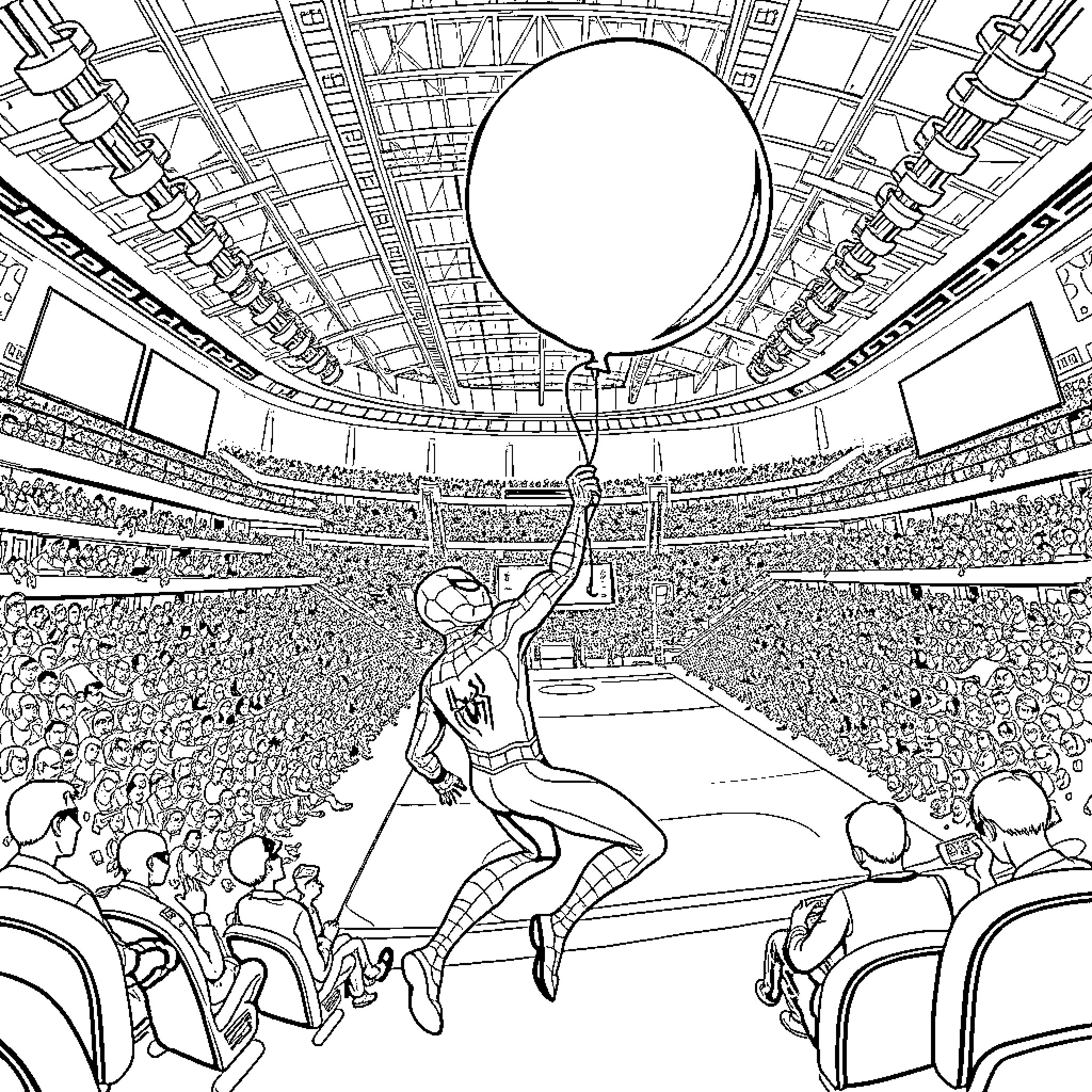 Spiderman leaping to dunk the basketball in a packed arena Coloring Page (free black-and-white line drawing printable PDF for all, from beginners to advanced learners, including children, teens, adults, and seniors)