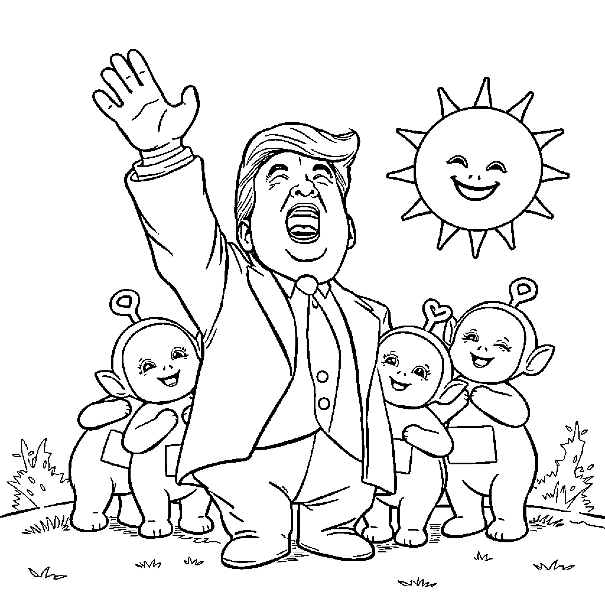 Trump Triumphantly Celebrates with Whimsical Companions Coloring Page (free black-and-white line drawing printable PDF for all, from beginners to advanced learners, including children, teens, adults, and seniors)