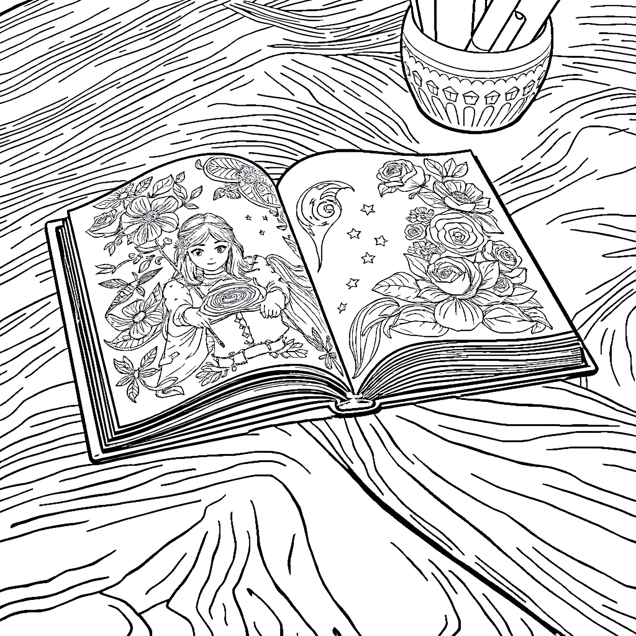 Book of Magical Illustrations Coloring Page (free black-and-white line drawing printable PDF for all, from beginners to advanced learners, including children, teens, adults, and seniors)