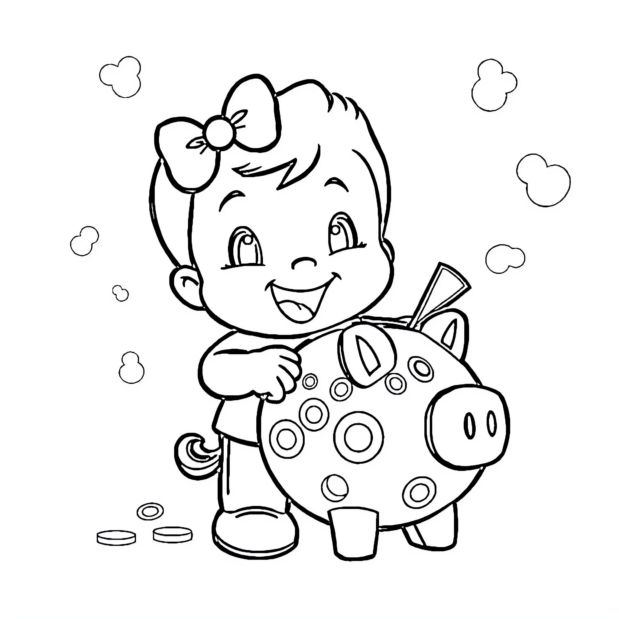 Osito's Piggy Bank Adventure Coloring Page (free black-and-white line drawing printable PDF for all, from beginners to advanced learners, including children, teens, adults, and seniors)