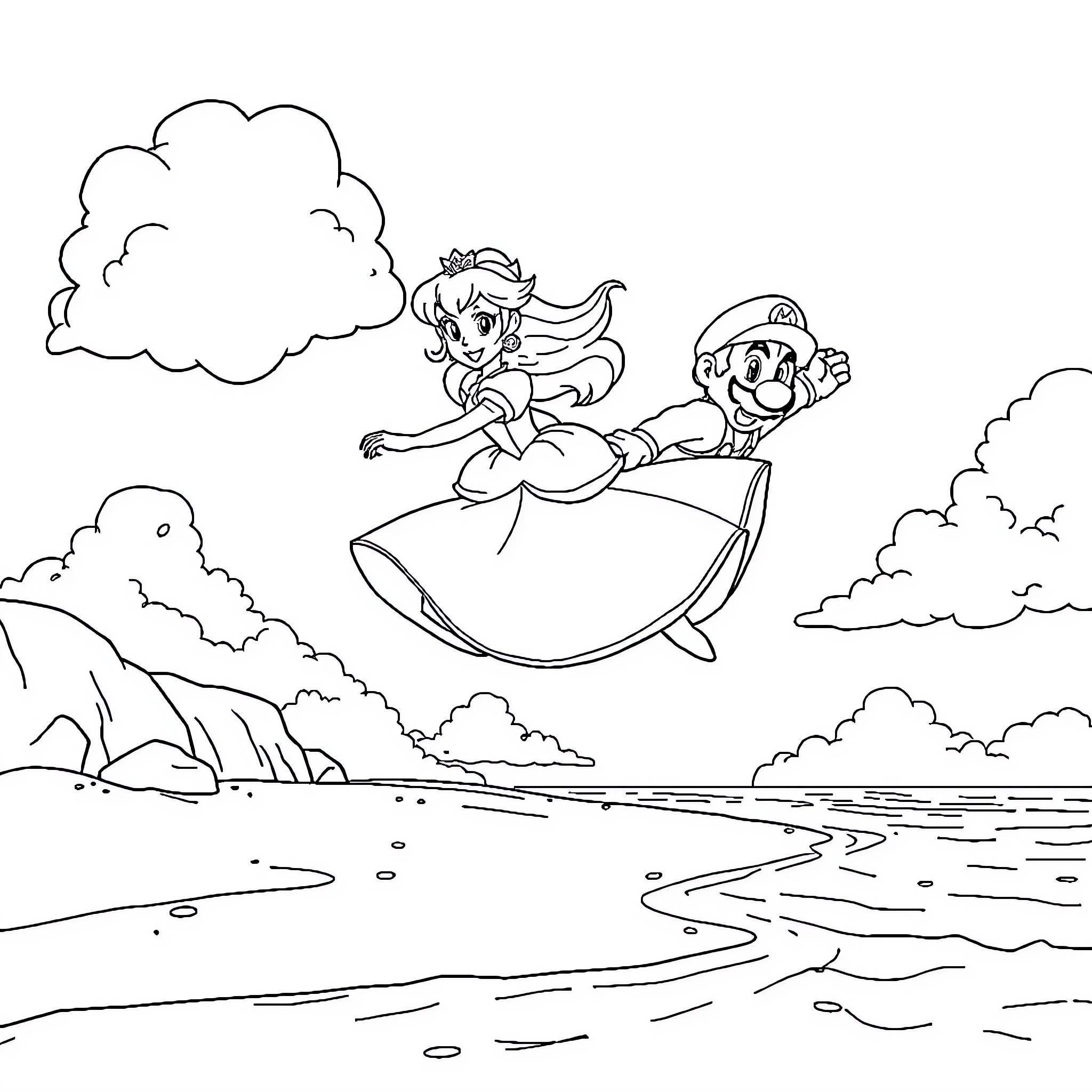 Princess and Plumber Float Over the Ocean Coloring Page (free black-and-white line drawing printable PDF for all, from beginners to advanced learners, including children, teens, adults, and seniors)