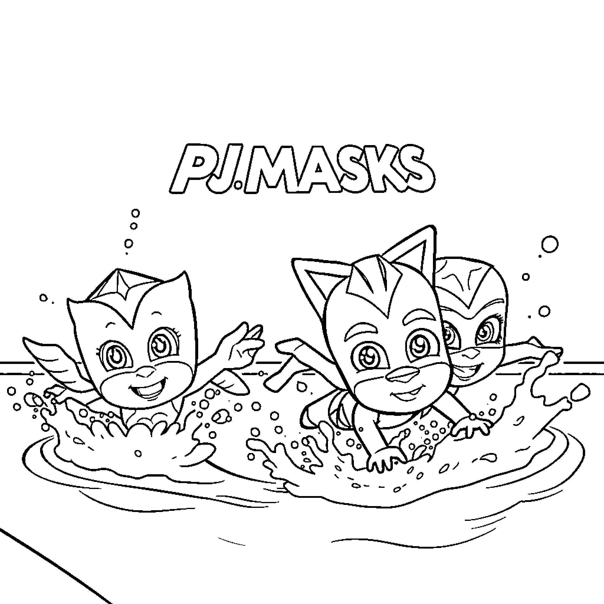 PJ Masks characters splashing in water Coloring Page (free black-and-white line drawing printable PDF for all, from beginners to advanced learners, including children, teens, adults, and seniors)
