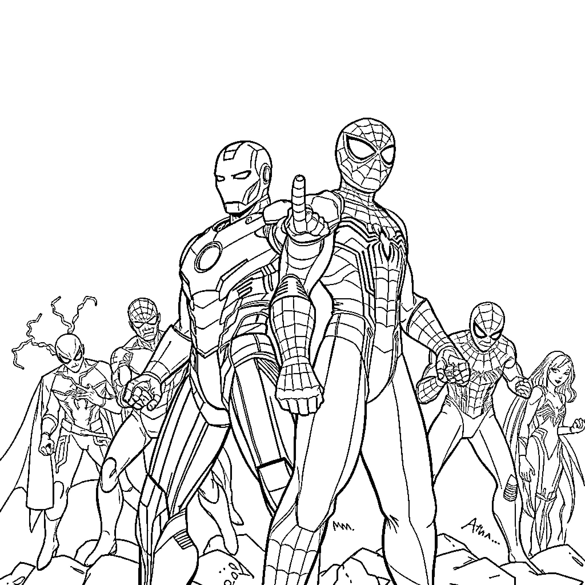 Ironman and Superheroes in Action Poses Coloring Page (free black-and-white line drawing printable PDF for all, from beginners to advanced learners, including children, teens, adults, and seniors)