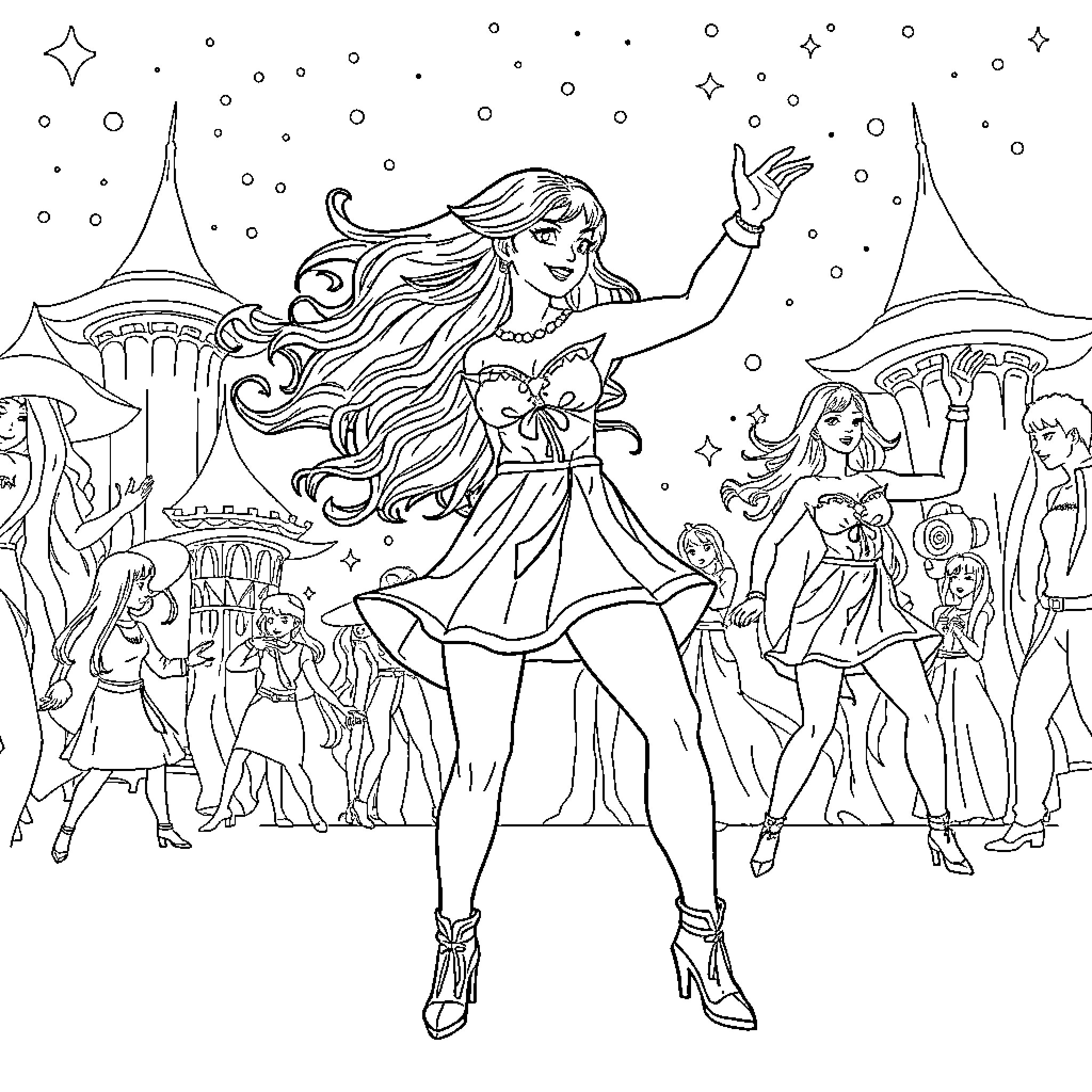 Alicia's Magical Celebration in a Fantastical World Coloring Page (free black-and-white line drawing printable PDF for all, from beginners to advanced learners, including children, teens, adults, and seniors)