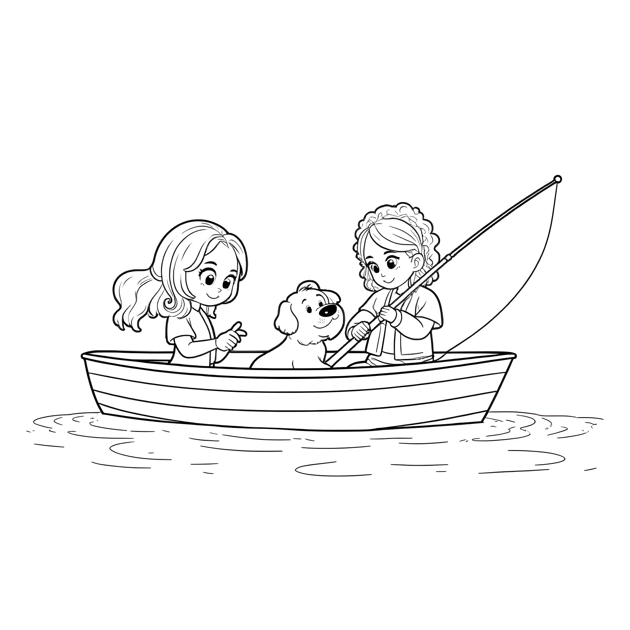 Dog family fishing in a boat Coloring Page (free black-and-white line drawing printable PDF for all, from beginners to advanced learners, including children, teens, adults, and seniors)