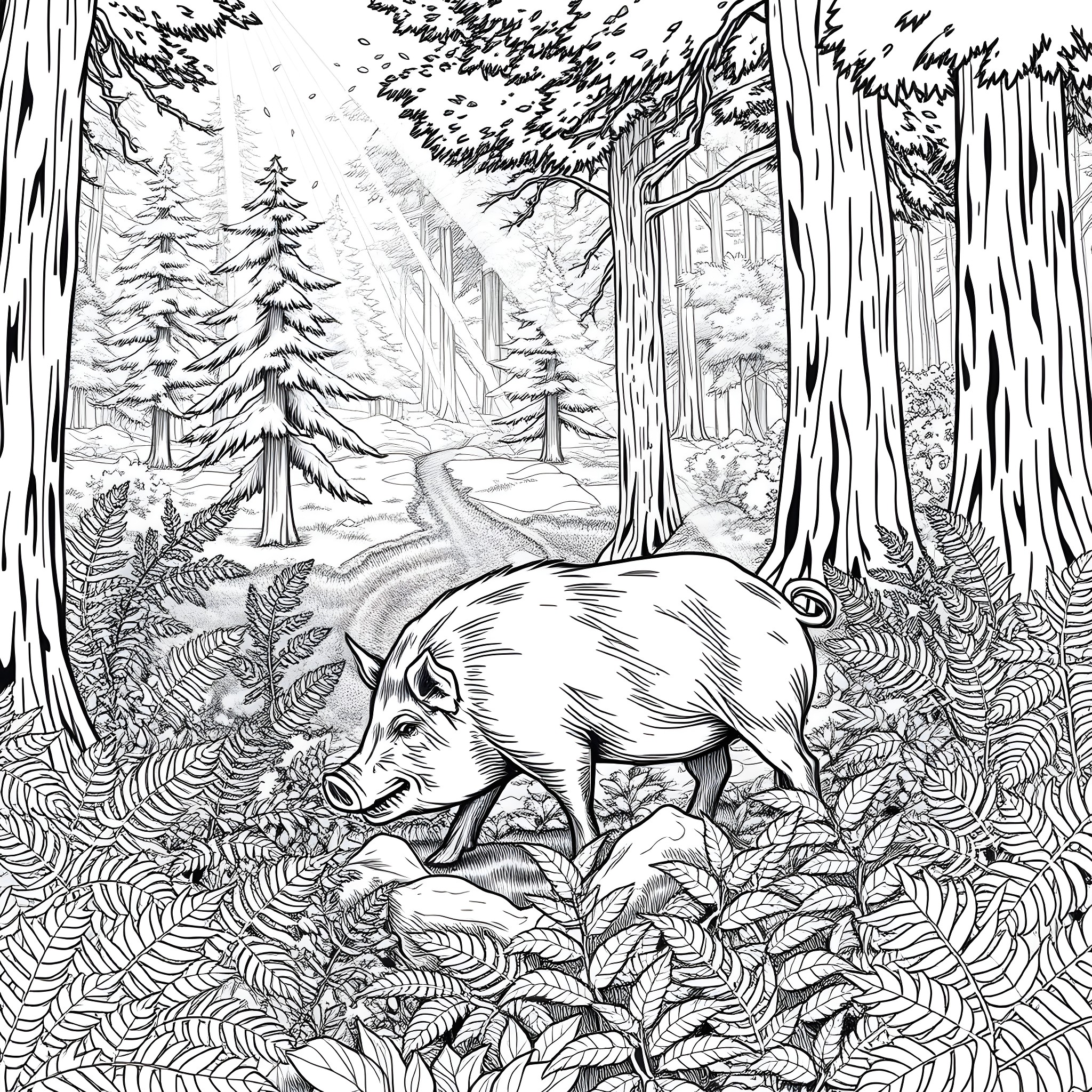 Pig wandering in the enchanting forest Coloring Page (free black-and-white line drawing printable PDF for all, from beginners to advanced learners, including children, teens, adults, and seniors)