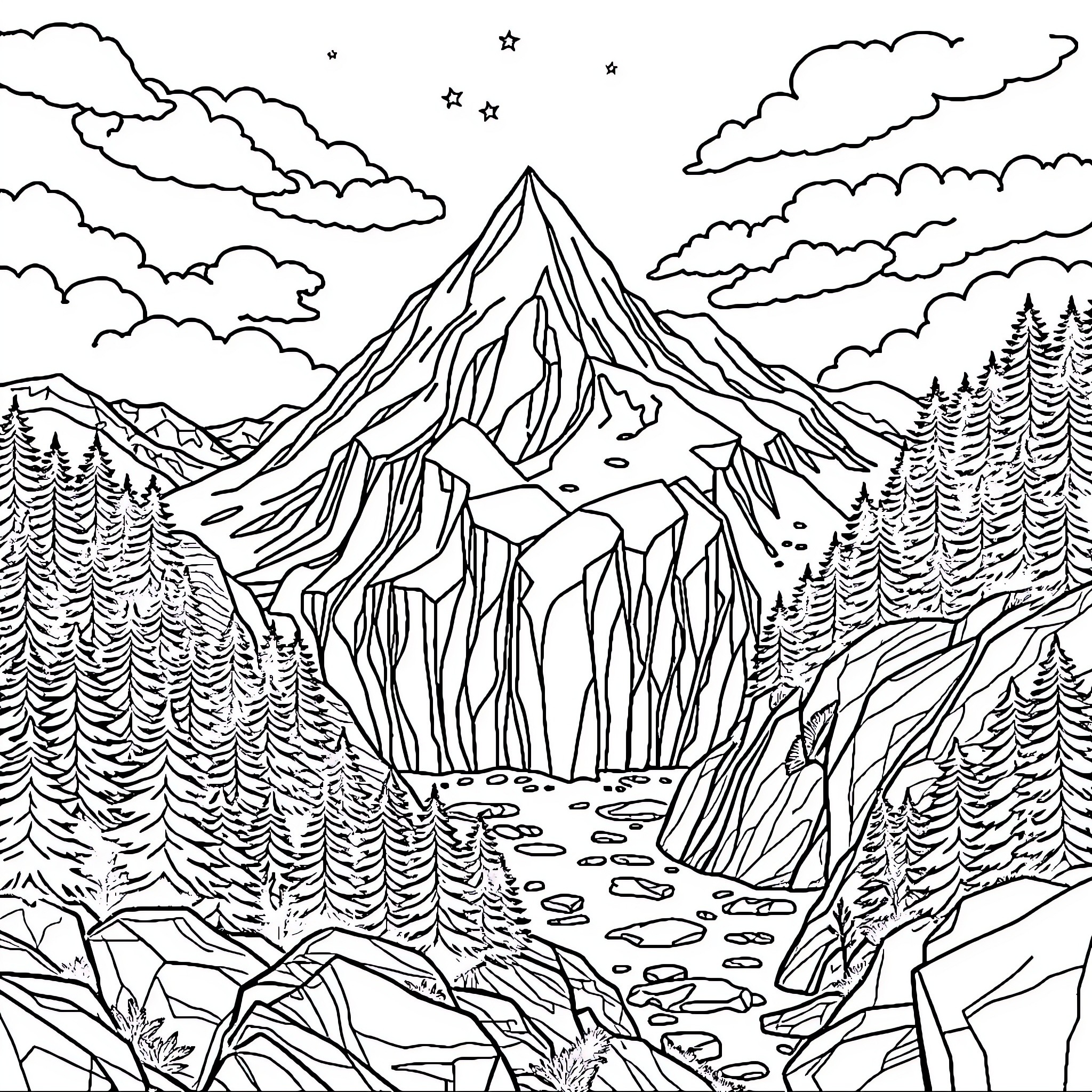 Glacier in the Starry Night Sky Coloring Page (free black-and-white line drawing printable PDF for all, from beginners to advanced learners, including children, teens, adults, and seniors)
